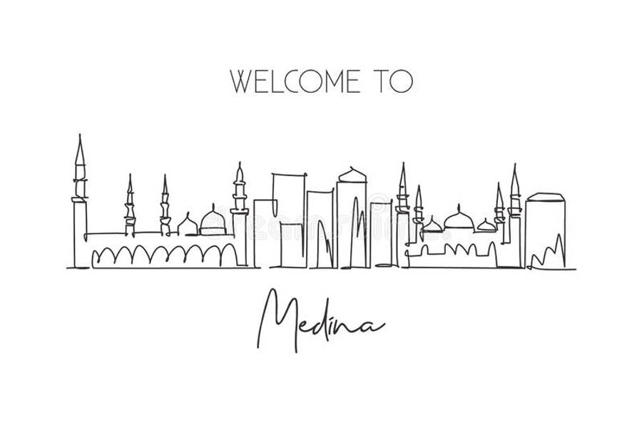 Madina 桌布 壁紙 — 一幅極簡黑色線條畫，描繪麥地那天際線，包含宣禮塔和圓頂，下方有「WELCOME TO」文字。