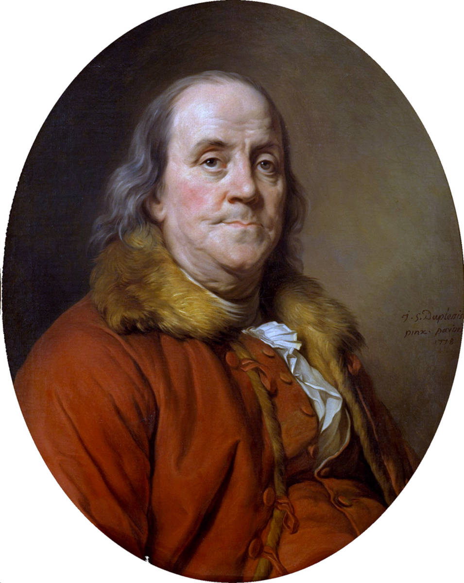 Franklin 桌布 壁紙 — 一幅橢圓形的班傑明·富蘭克林肖像，身穿紅色外套，毛領，白色領巾，背景深色。