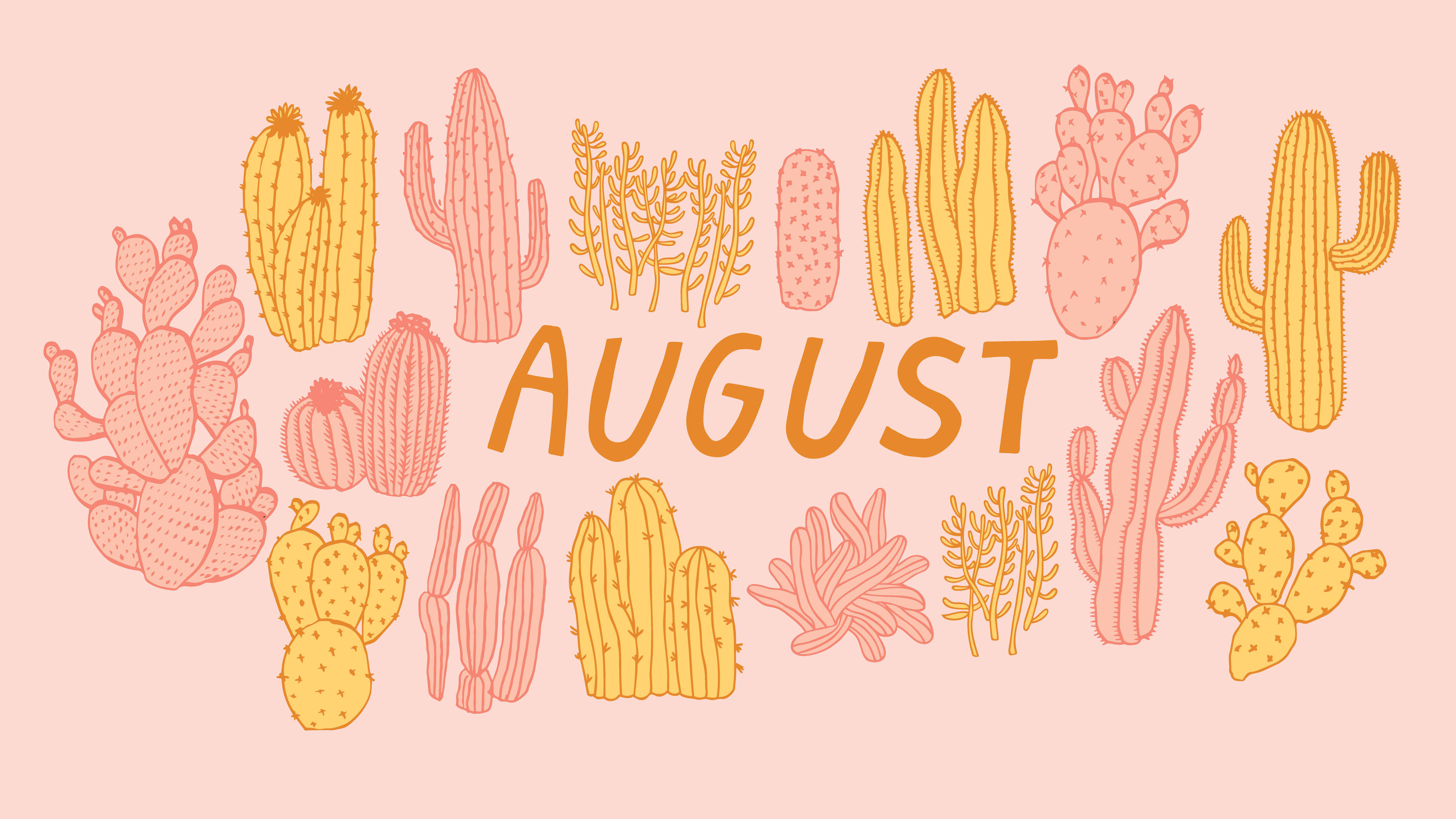August 桌布 壁紙 — 一幅歡快的八月插圖，以溫暖的粉紅色和黃色色調呈現風格化的仙人掌和多肉植物。