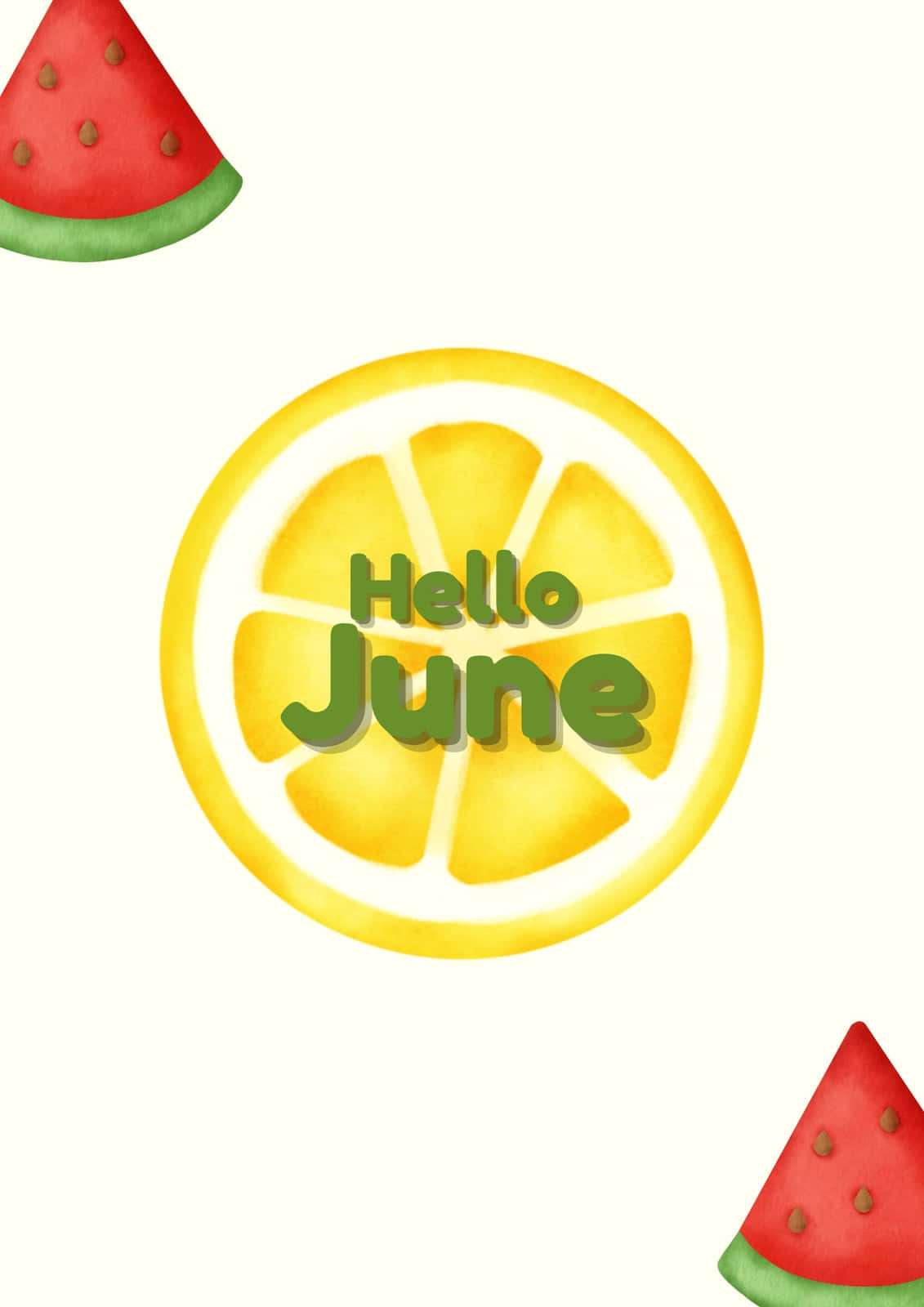藝術 桌布 壁紙 — 一幅歡快的水彩插圖，描繪了一片檸檬，上面有「Hello June」字樣和西瓜塊，背景為奶油色。