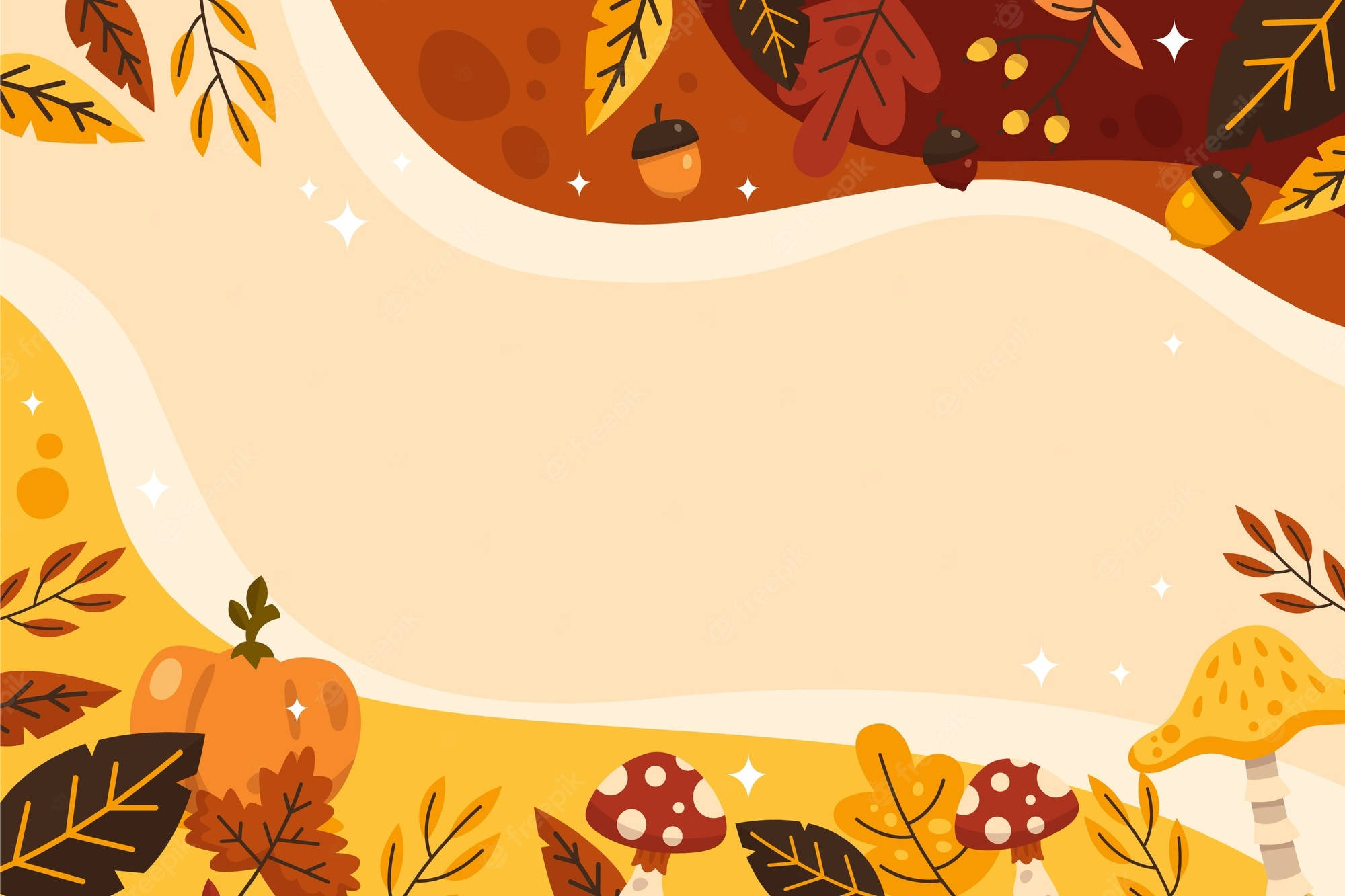 Cute October 桌布 壁紙 — 一幅歡快的秋季主題插圖，以南瓜、蘑菇和落葉圍繞中央的米色空間。