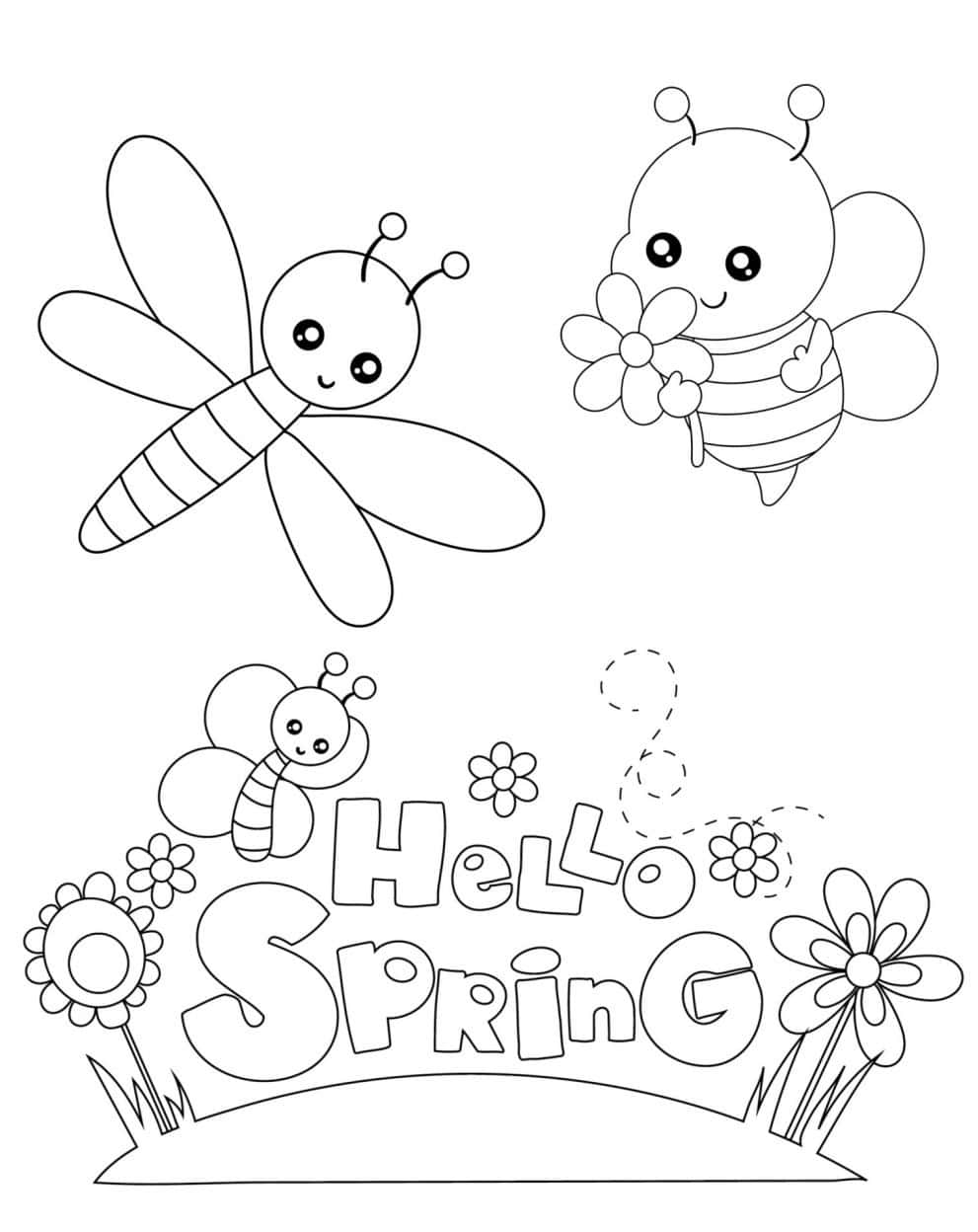 Spring Coloring 桌布 壁紙 — 一幅歡快的黑白線條畫，描繪了三隻可愛的卡通昆蟲和花朵，圍繞著文字 Hello Spring。