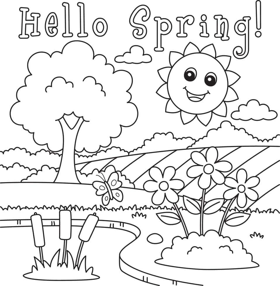 Spring Coloring 桌布 壁紙 — 一幅歡快的黑白線條畫，描繪微笑的太陽在春天場景上，有花朵、樹木和池塘。