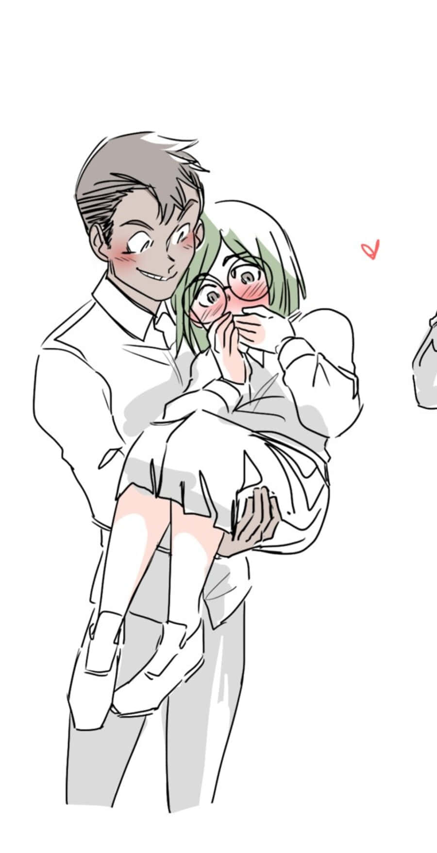 The Promised Neverland Don 桌布 壁紙 — 一幅歡樂的動漫風格素描，描繪一名男子抱著一位臉紅的綠髮女孩，附近有一顆心形漂浮。