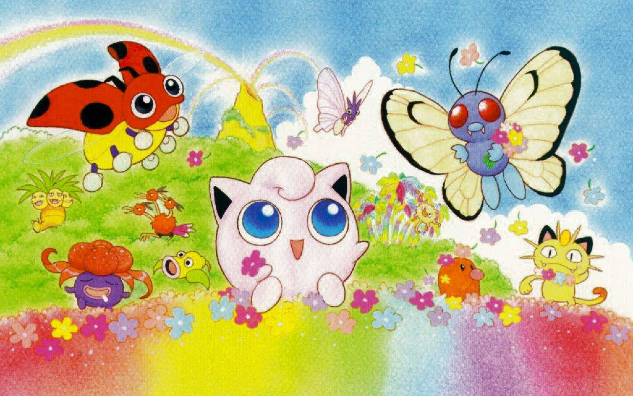 可愛寶可夢 桌布 壁紙 — 一幅歡樂的動畫風格插圖，描繪了Jigglypuff在彩虹天空下充滿活力的草地上被色彩繽紛的寶可夢包圍。