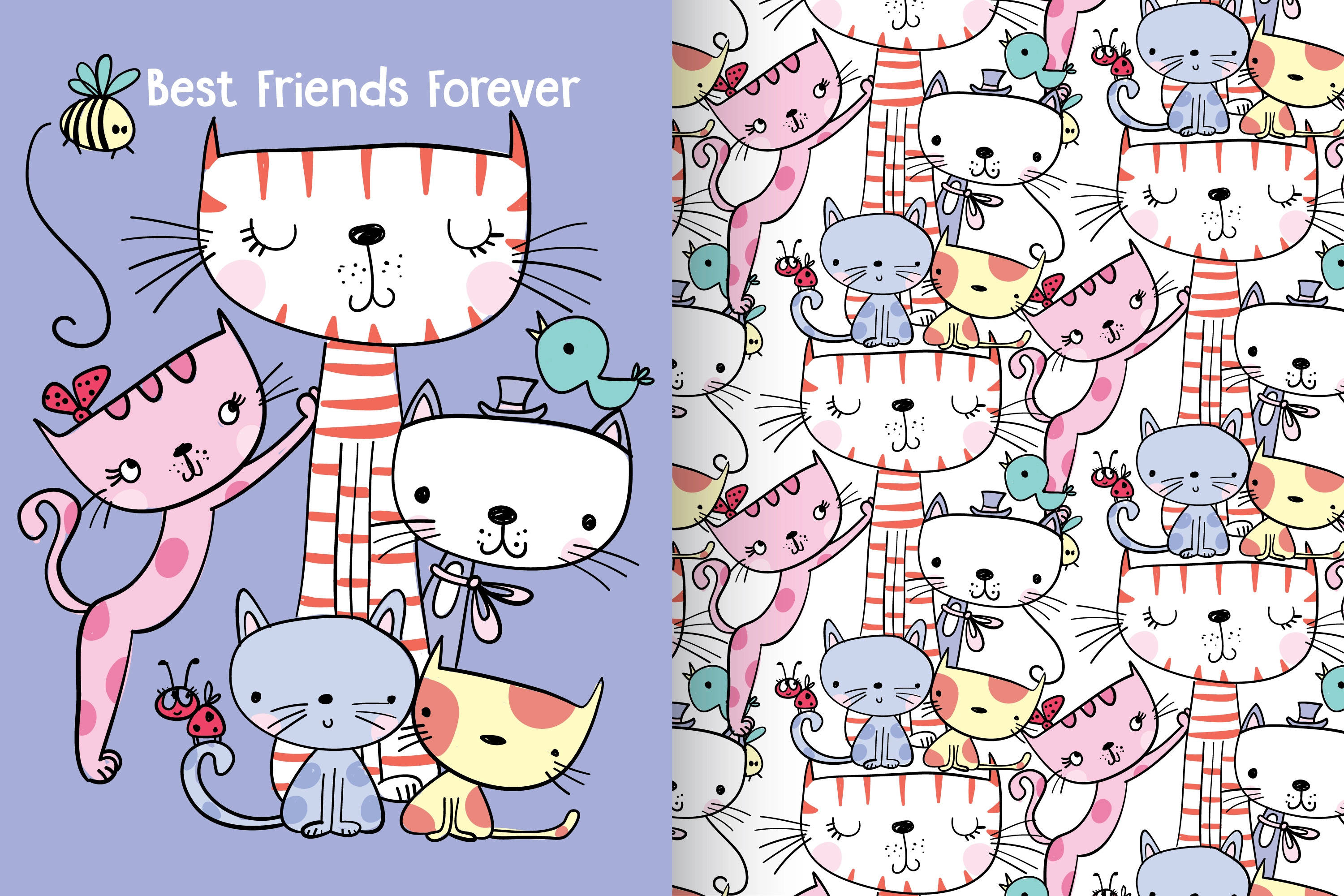 Cute Best Friend 桌布 壁紙 — 一幅歡樂的卡通插圖，描繪了各種貓咪與蜜蜂、瓢蟲等朋友，以「Best Friends Forever」文字慶祝友誼。