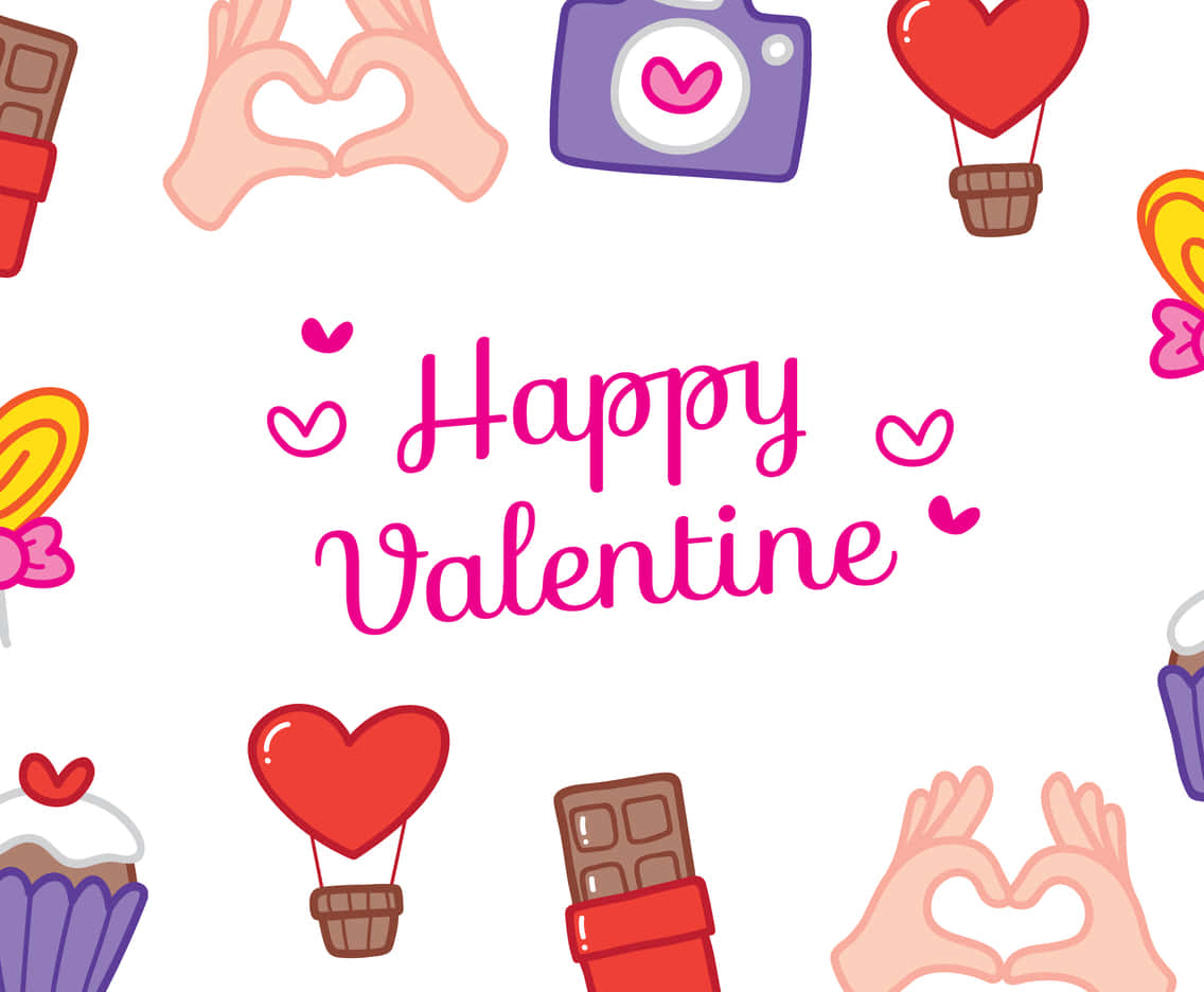 valentine 桌布 壁紙 — 一幅歡樂的情人節插圖，粉紅色文字周圍環繞著卡通心形、熱氣球、巧克力和手勢。