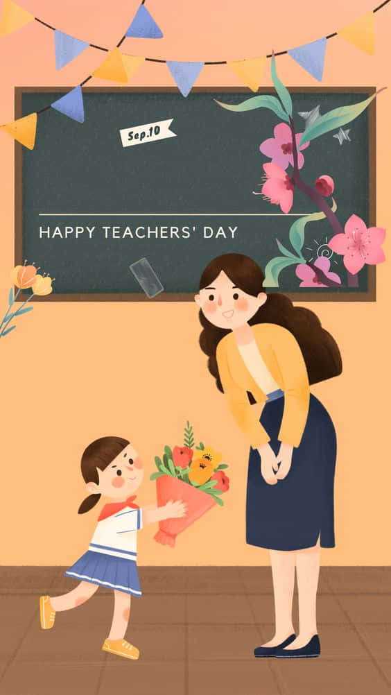 teachers 桌布 壁紙 — 一幅歡樂的插圖，描繪學生在為教師節裝飾的教室中，向微笑的老師獻上色彩繽紛的花束。