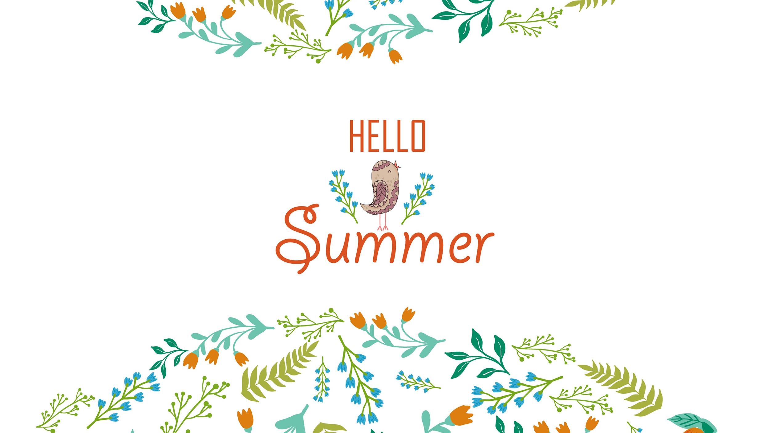花卉 桌布 壁紙 — 一幅歡樂的插圖問候，帶有「Hello Summer」文字，兩側是色彩繽紛的花環，上有鳥兒和花朵。