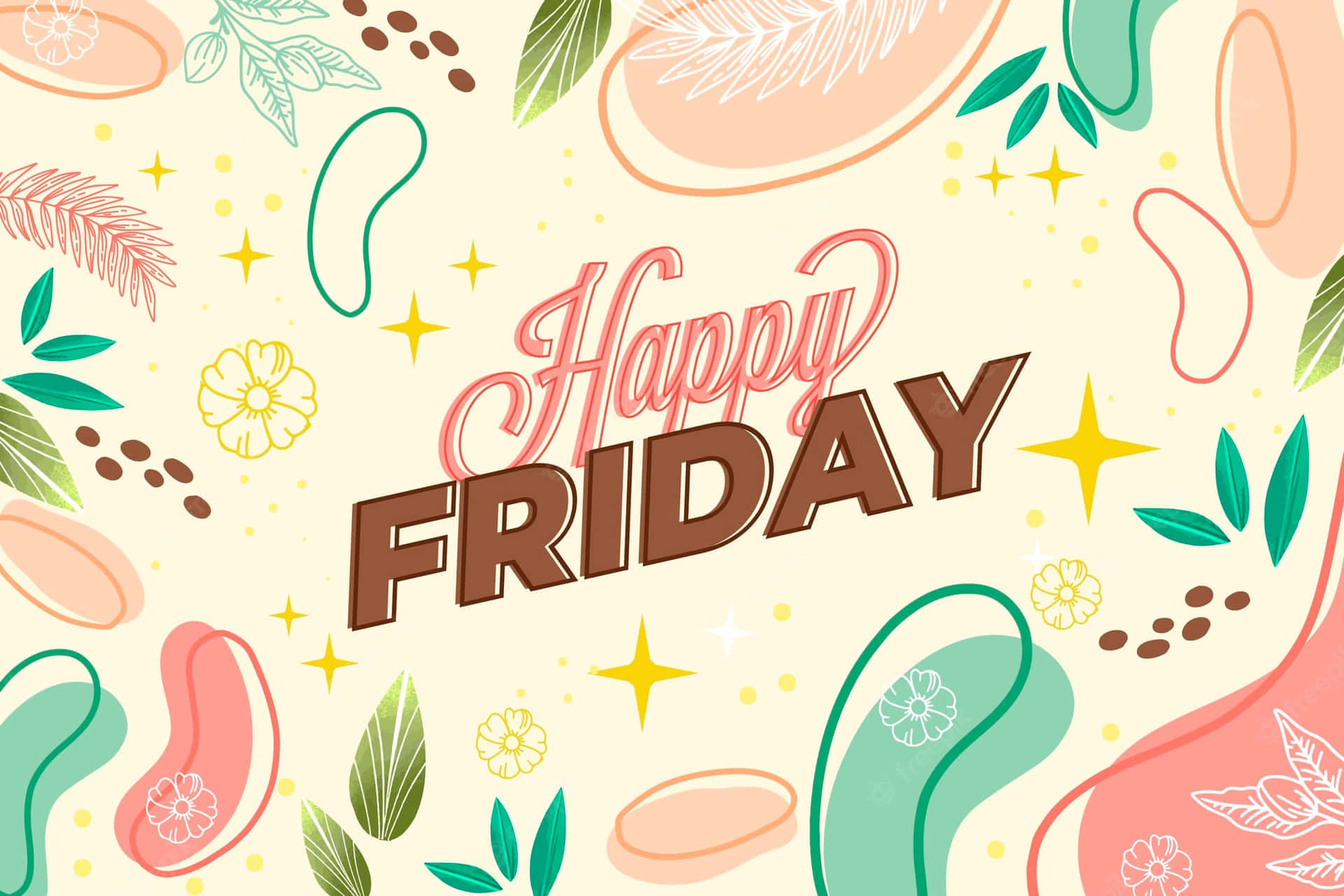Friday 桌布 壁紙 — 一幅歡樂的插圖風格桌布，上面有「Happy Friday」文字，周圍環繞著色彩繽紛的抽象葉子、花朵和星星，背景為奶油色。