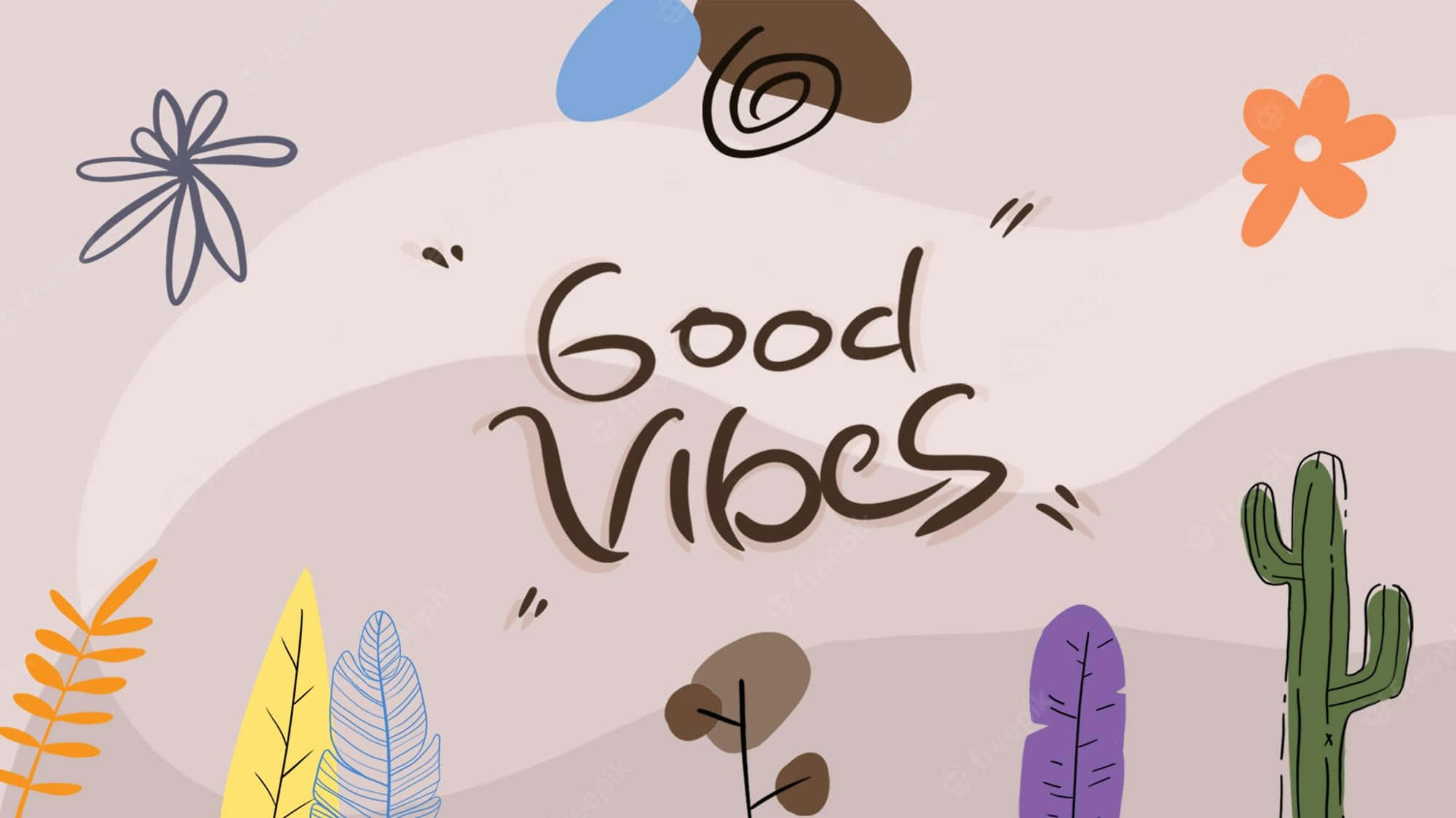 graphic art 桌布 壁紙 — 一幅歡樂的插畫壁紙，上面有「Good Vibes」字樣，周圍環繞著色彩繽紛的仙人掌花朵和葉子，背景是柔和的粉彩色。