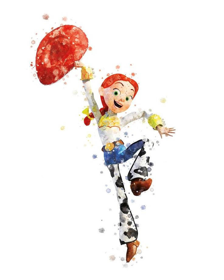 Jessie 桌布 壁紙 — 一幅歡樂的水彩插圖，描繪《玩具總動員》中的 Jessie 跳躍時紅色帽子高高飛起。