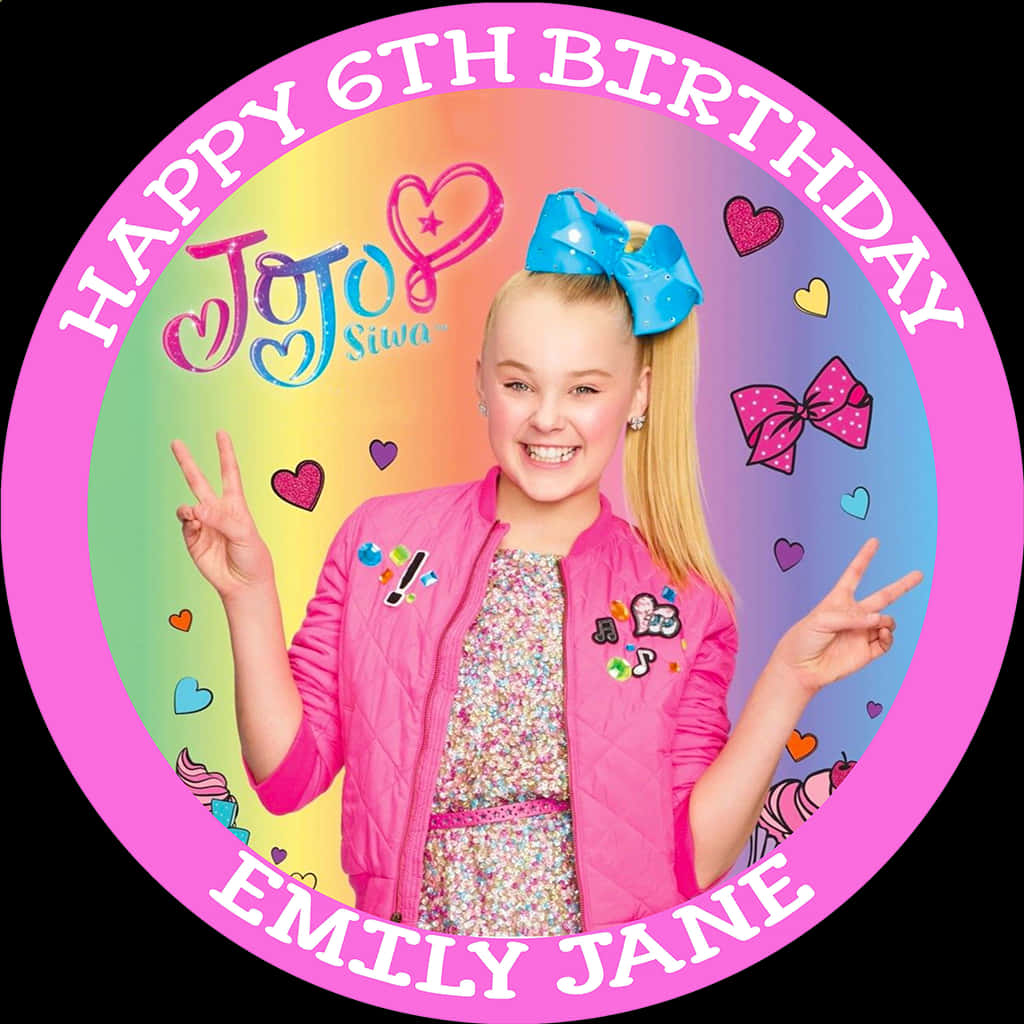 JoJo Siwa 桌布 壁紙 — 一幅歡樂的生日圖案，JoJo Siwa 身穿粉紅色外套，背景是彩虹，點綴著心形和蝴蝶結。