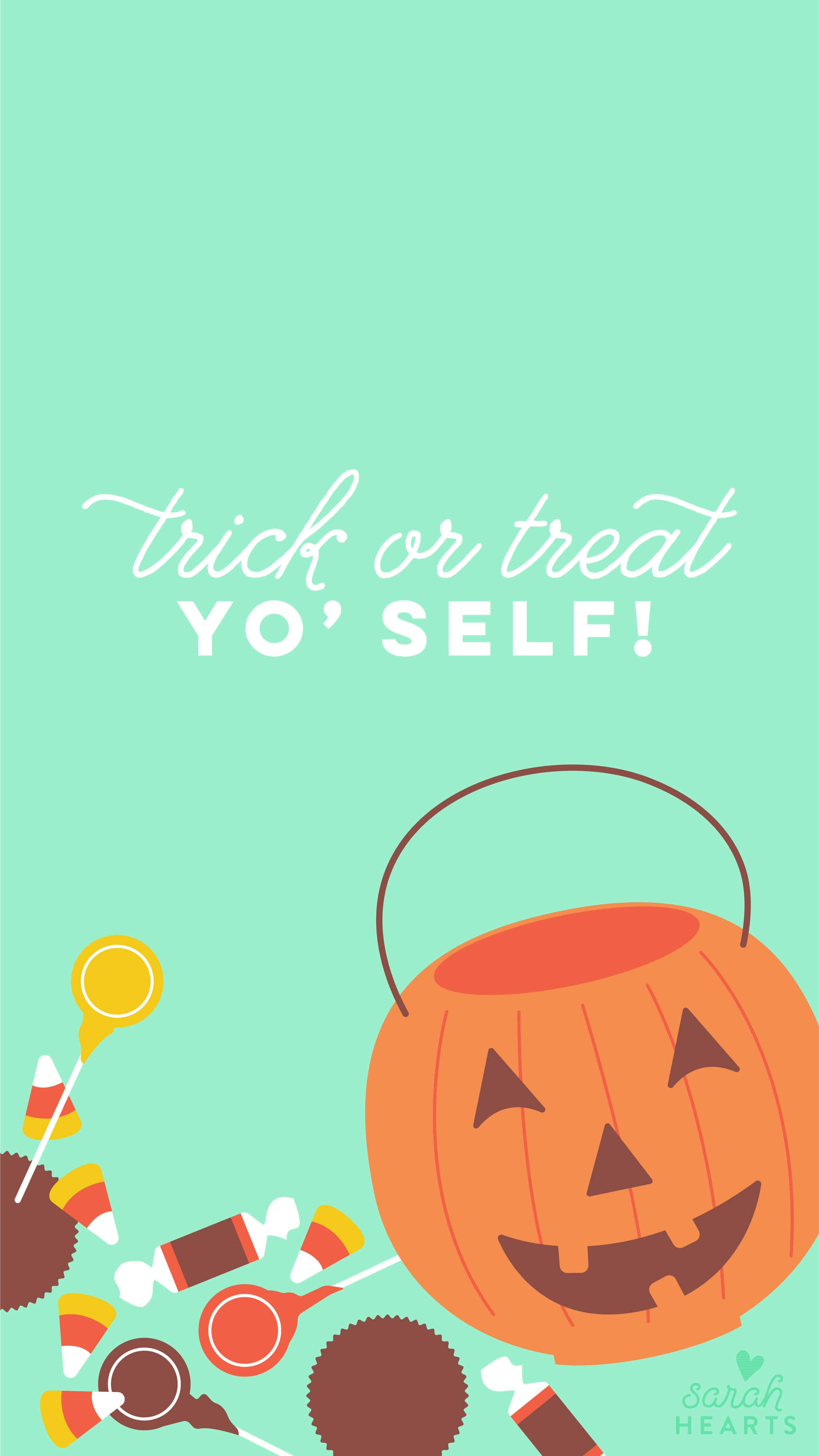 Trick Or Treat 桌布 壁紙 — 一幅歡樂的萬聖節主題插圖，展示了一個微笑的傑克南瓜燈桶，裡面裝滿了糖果，背景是薄荷綠色。