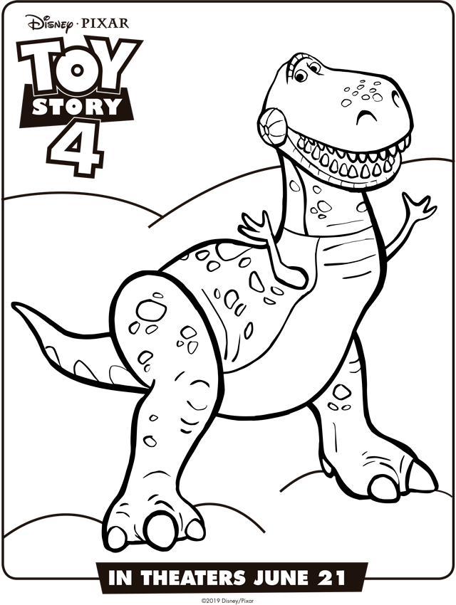 T Rex Dinosaur 桌布 壁紙 — 一幅歡樂的黑白線條畫，描繪《玩具總動員4》中的恐龍雷克斯站在綠色背景上。