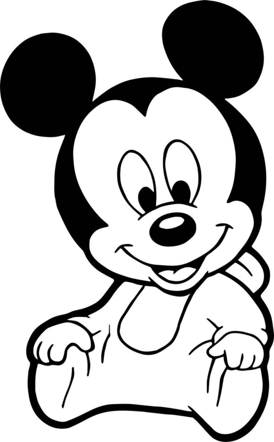 Mickey Mouse Colouring 桌布 壁紙 — 一幅歡樂的黑白線條畫，描繪了微笑的嬰兒米奇老鼠，有大耳朵和胖乎乎的手。