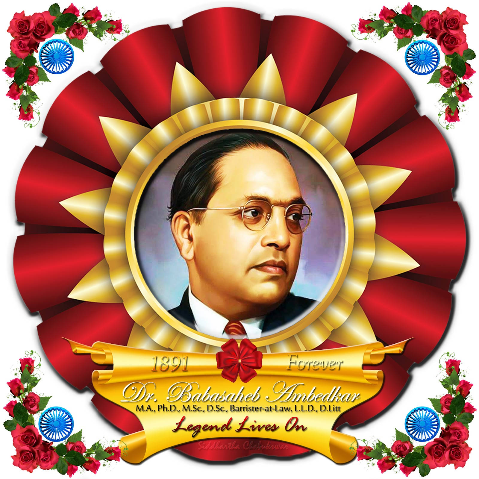 Dr Babasaheb Ambedkar 桌布 壁紙 — 一幅正式的巴布薩赫布·安貝德卡博士肖像，以紅色和金色的太陽光芒、玫瑰和印度國旗作為框架。