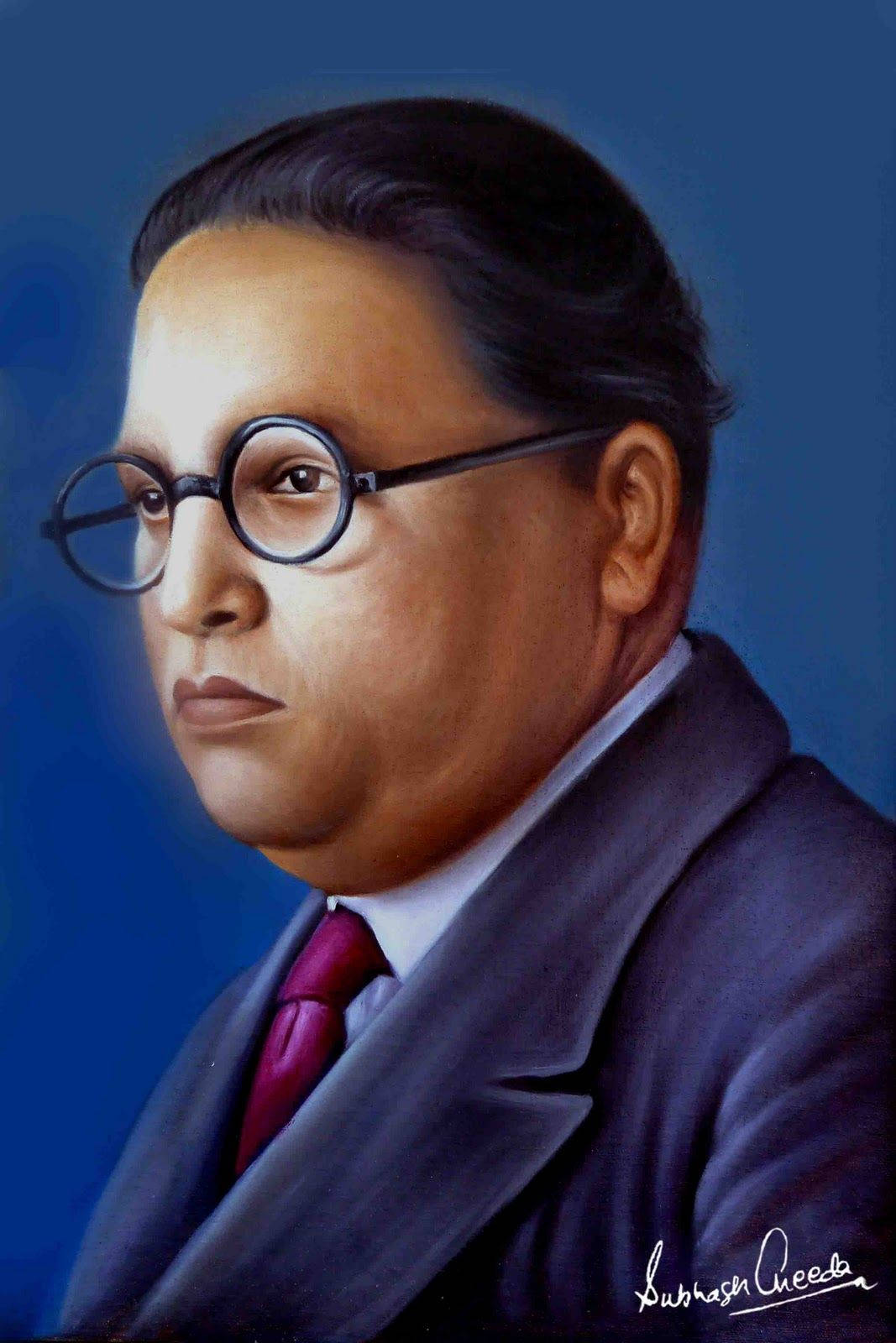 Ambedkar 桌布 壁紙 — 一幅正式的油畫肖像，描繪一位戴圓框眼鏡、身穿西裝和紅色領帶的男子，背景為純藍色。