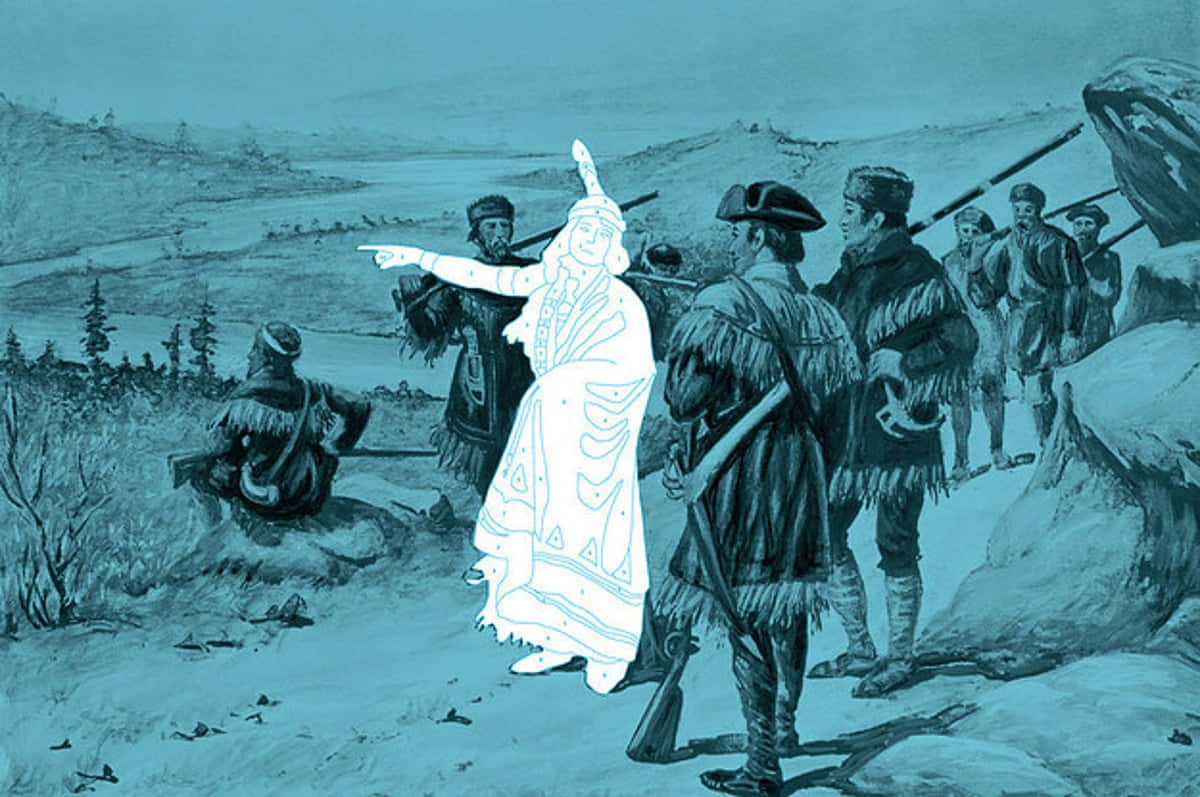 Sacagawea 桌布 壁紙 — 一幅歷史插圖描繪了一位美洲原住民嚮導向前指點，歐洲探險家跟隨其後穿越雪地荒野。