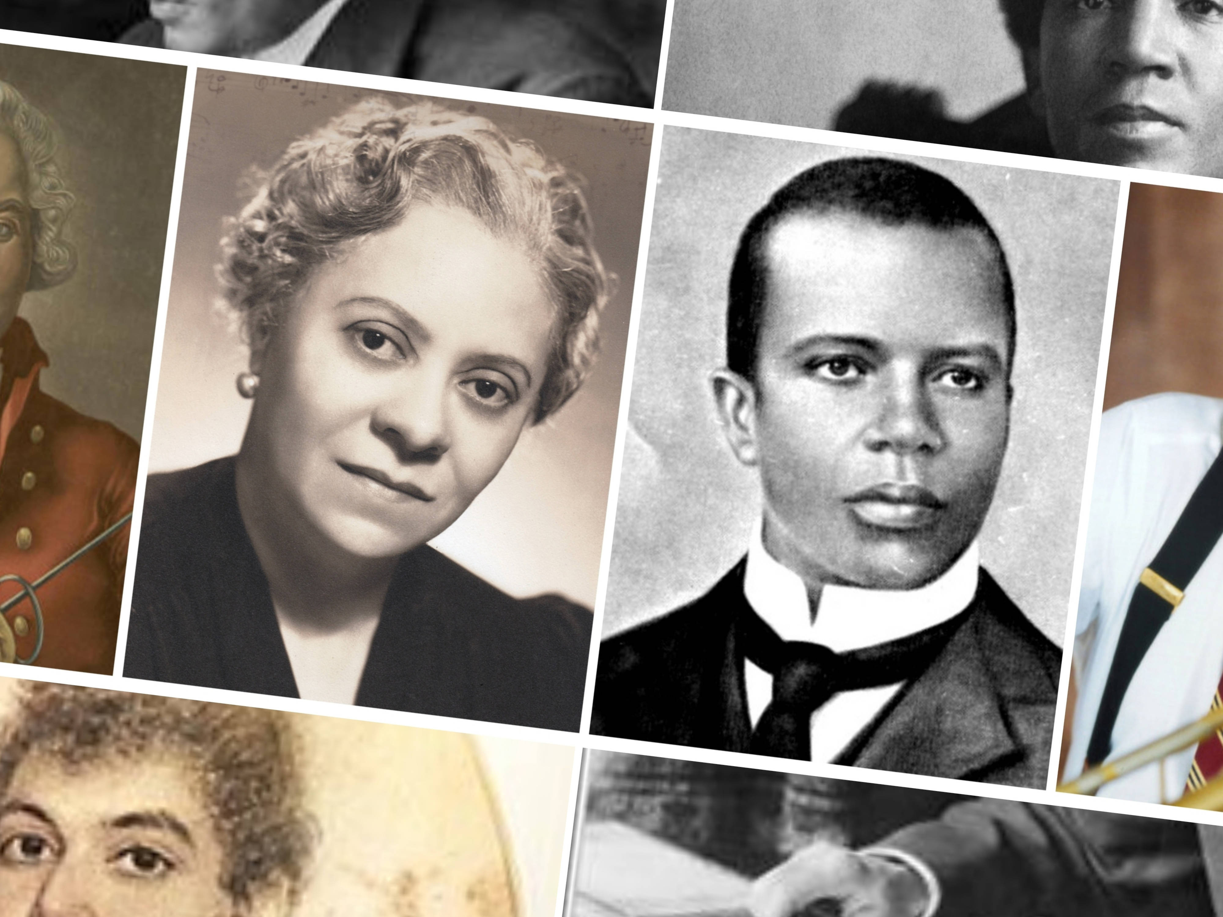 Scott Joplin 桌布 壁紙 — 一幅歷史肖像拼貼畫，展示不同時代和藝術風格中穿著正式服裝的多元黑人人物。