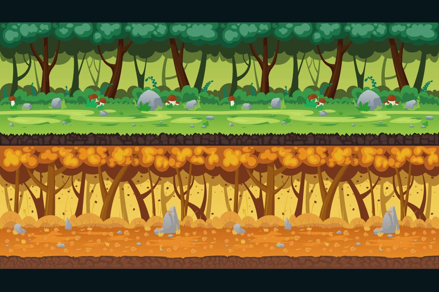 Cartoon Forest 桌布 壁紙 — 一幅水平分割的卡通森林場景，上方顯示茂密的綠色樹木，下方顯示帶有岩石和蘑菇的金棕色樹根。
