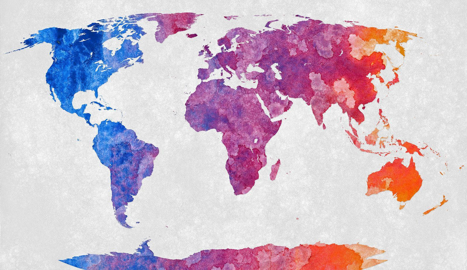 World 桌布 壁紙 — 一幅水彩世界地圖，大陸以鮮豔的藍色、紫色和橙色繪製，背景為有紋理的白色。