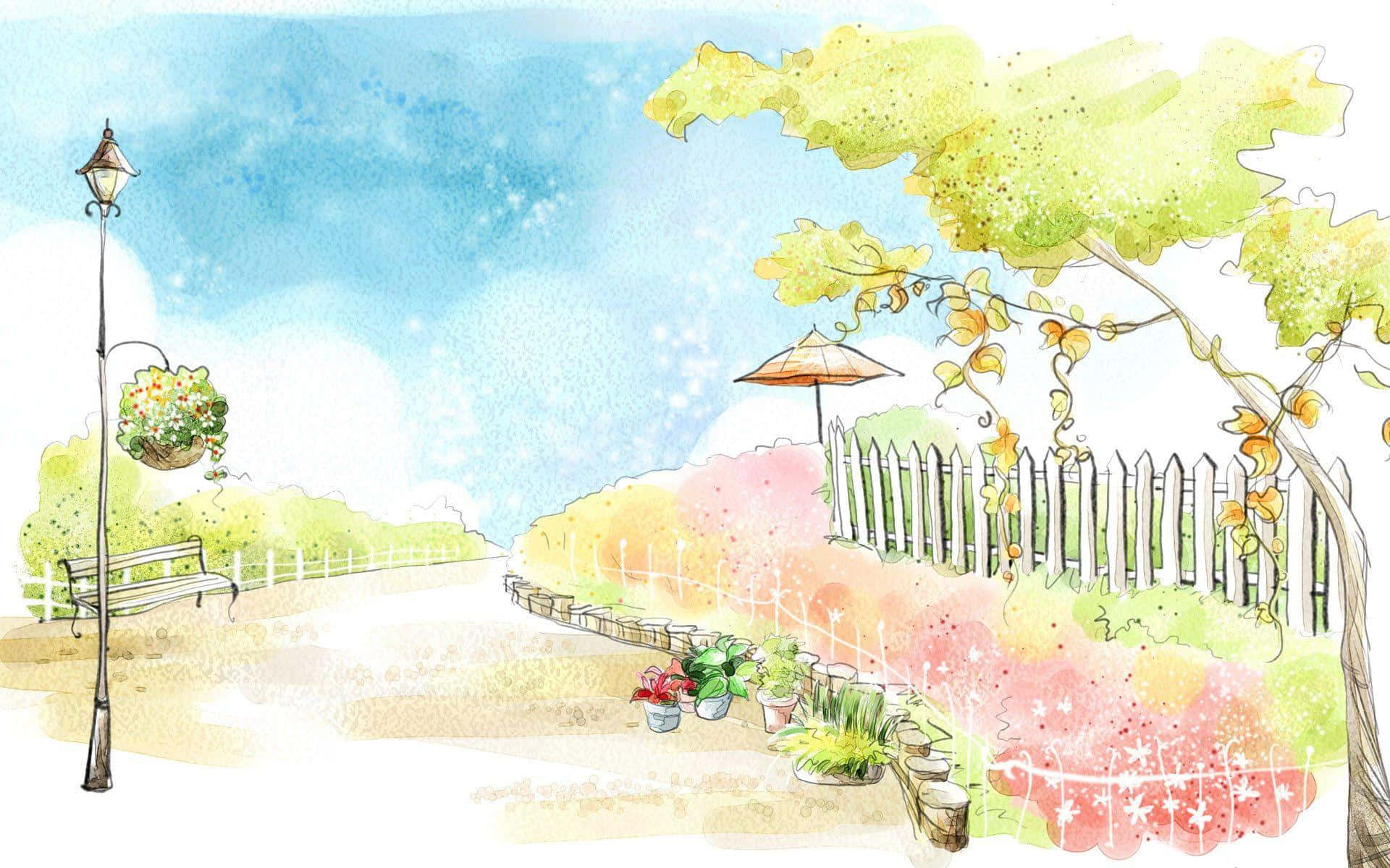 Cartoon Drawing 桌布 壁紙 — 一幅水彩公園場景，有一條蜿蜒的小徑，兩旁是白色尖樁籬笆、盆栽植物和路燈，在明亮的藍天下。