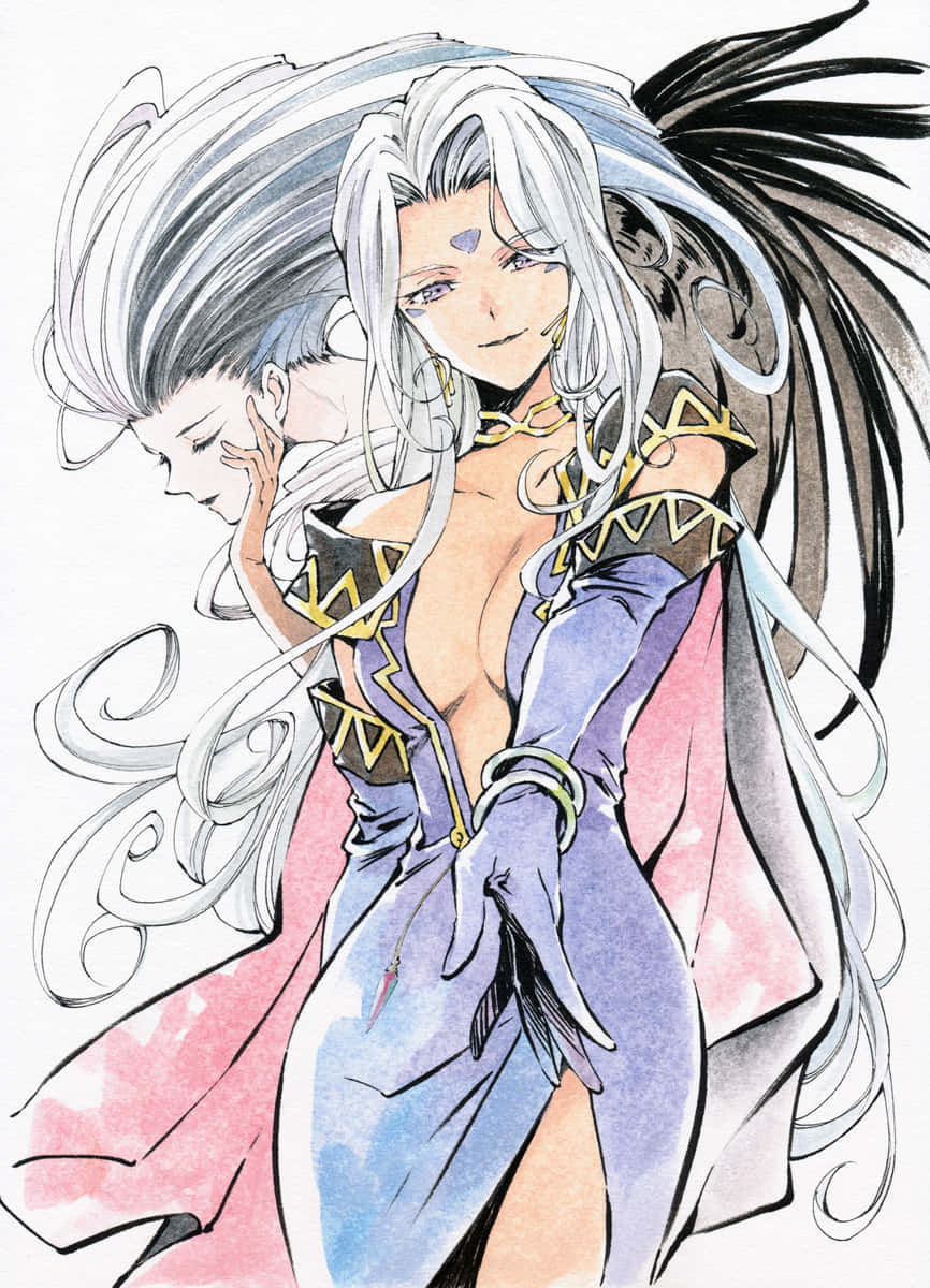 Ah My Goddess 桌布 壁紙 — 一幅水彩動漫插畫，描繪一位銀髮女性，身穿紫色與金色服裝，頭髮飄逸，披著粉紅色斗篷。