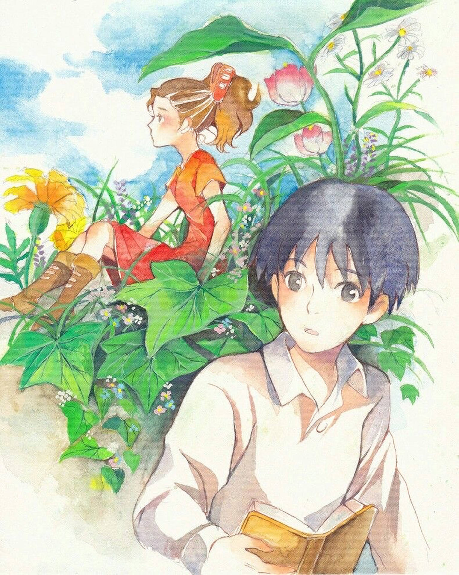 Arrietty 桌布 壁紙 — 一幅水彩動畫場景，描繪兩個孩子在茂密綠植和色彩繽紛的花朵環繞下，頭頂是明亮的藍天。