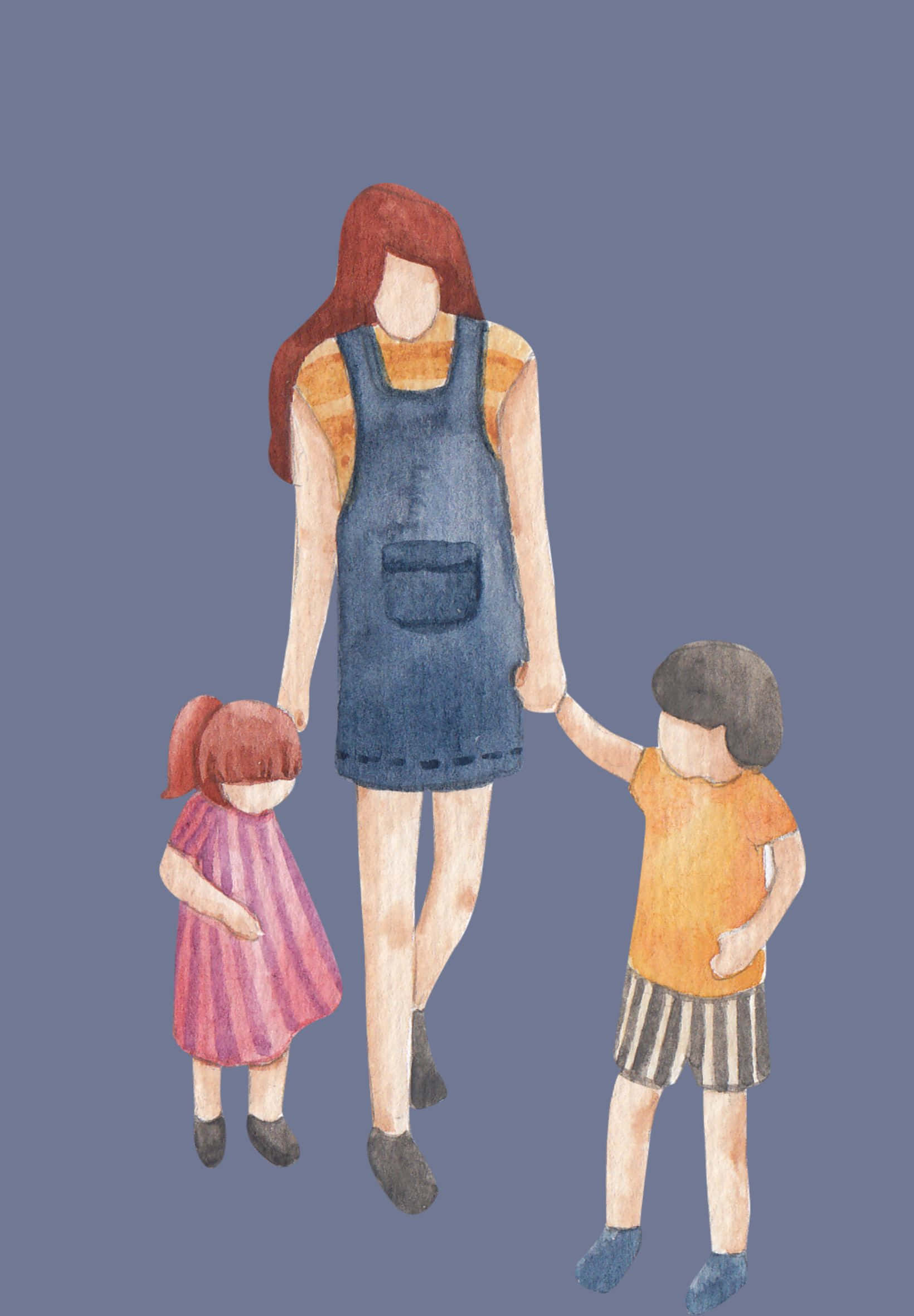 1640x2360 桌布 壁紙 — 一幅水彩插圖，描繪一位女性與兩個孩子手牽手，背景為純藍色。