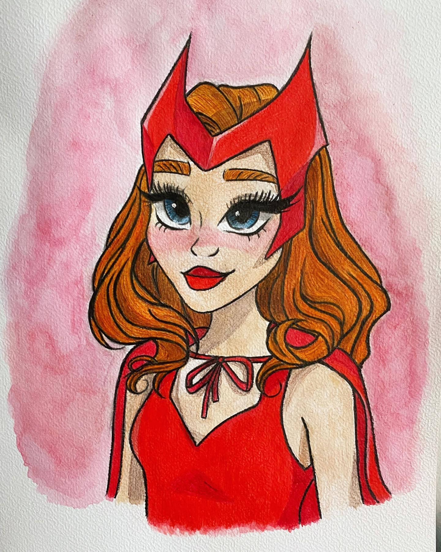 Wanda 桌布 壁紙 — 一幅水彩插圖，描繪一位微笑的紅髮女子戴著紅色尖頭頭盔，背景是柔和的粉紅色。