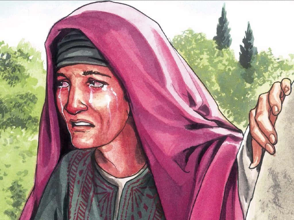Mary Magdalene 桌布 壁紙 — 一幅水彩插圖，描繪一位戴著粉紅色頭巾的悲傷女子在石牆旁哭泣，身後有綠樹。