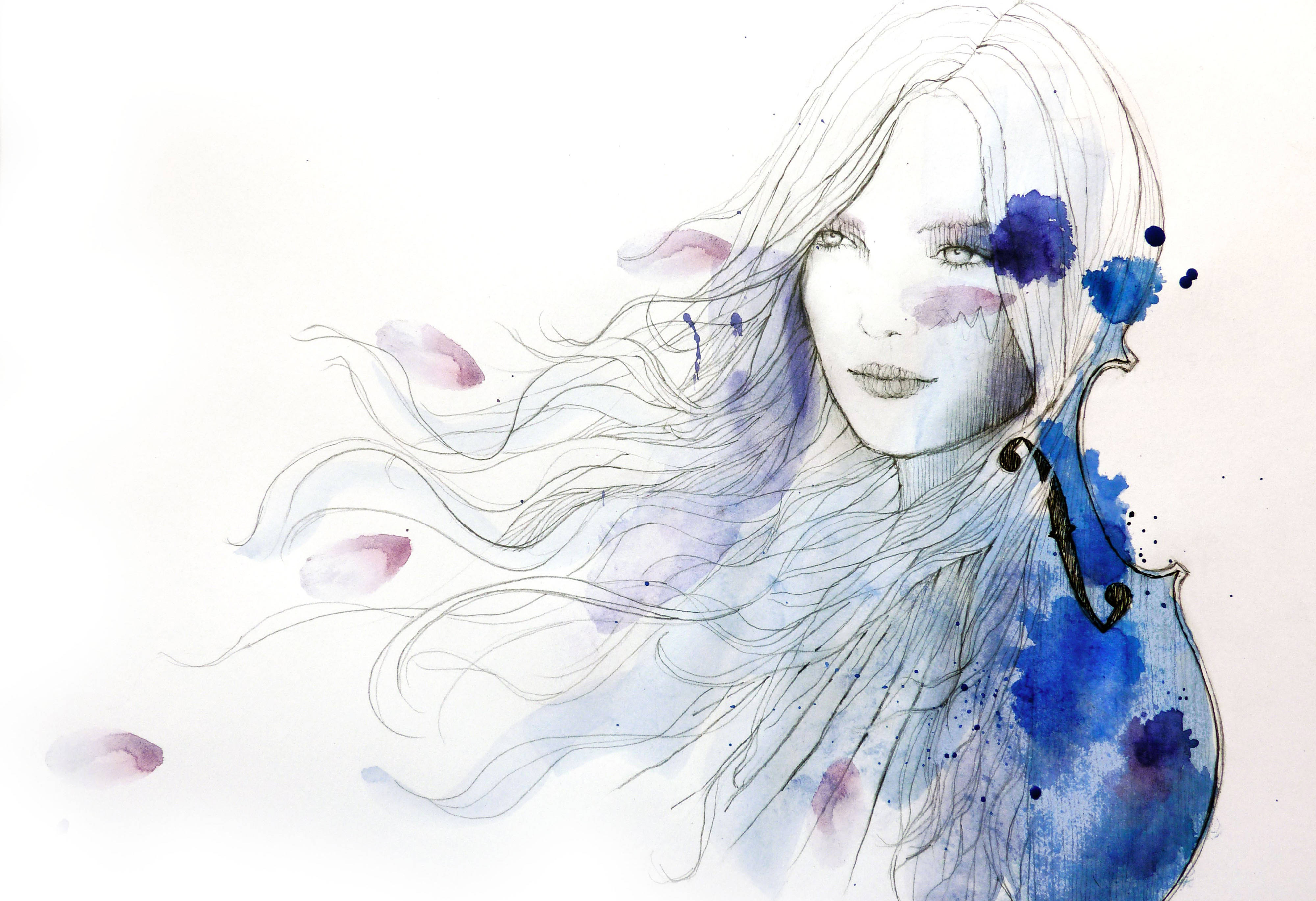 Drawing 桌布 壁紙 — 一幅水彩插圖，描繪一位擁有飄逸長髮和小提琴的女性，以藍色和紫色潑濺點綴在白色背景上。