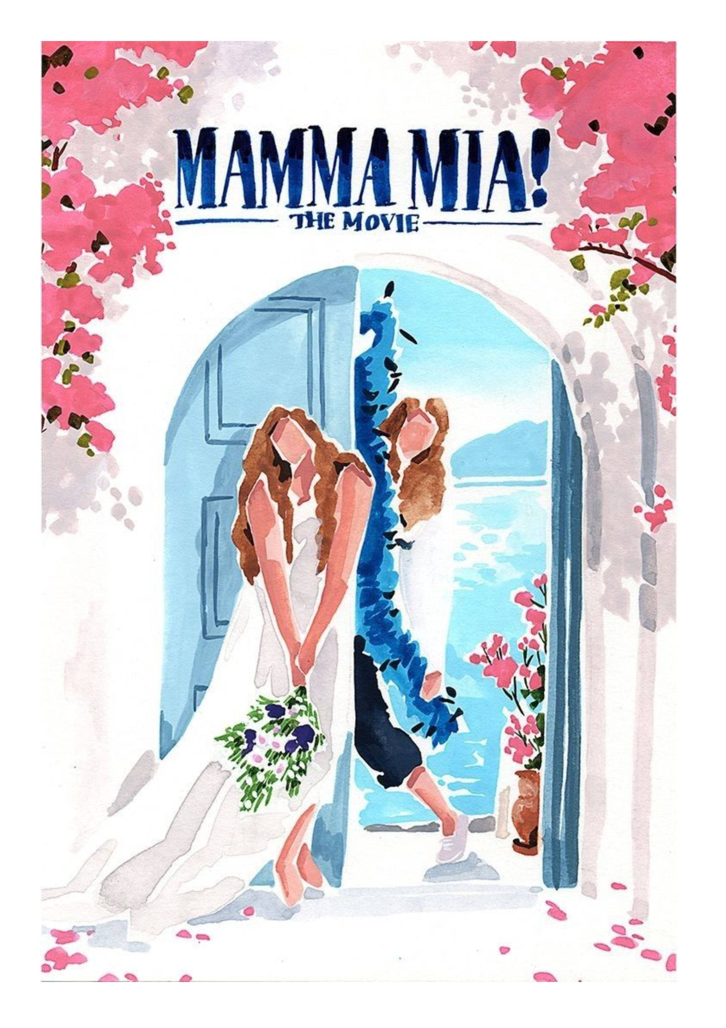 mia 桌布 壁紙 — 一幅水彩插圖，描繪一位新娘和一位女士站在門口，周圍環繞著粉紅色的花朵，並可看到海景。