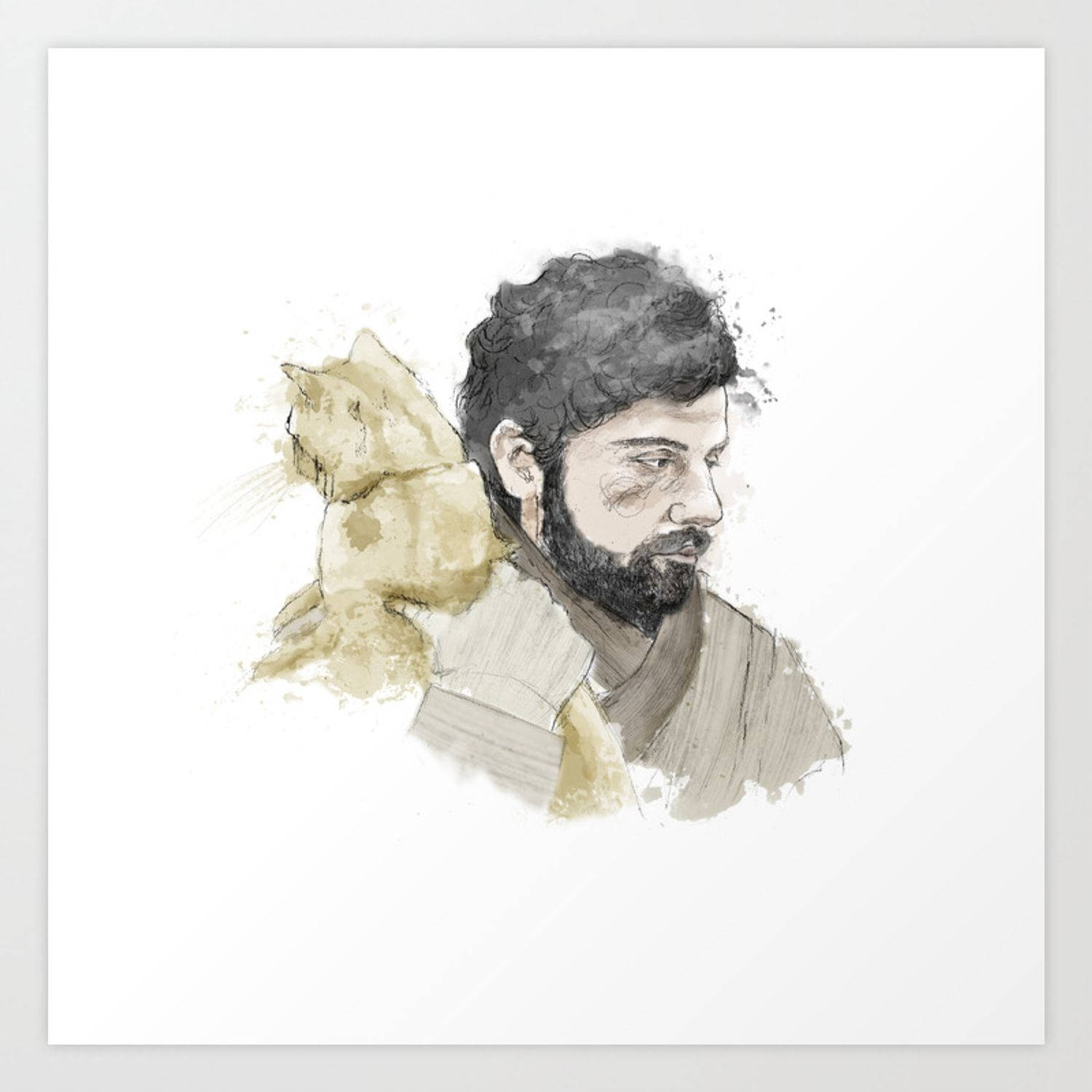 inside llewyn davis 桌布 壁紙 — 一幅水彩插圖，描繪一位留鬍鬚的男子側面，肩上棲著一隻貓，背景為白色。