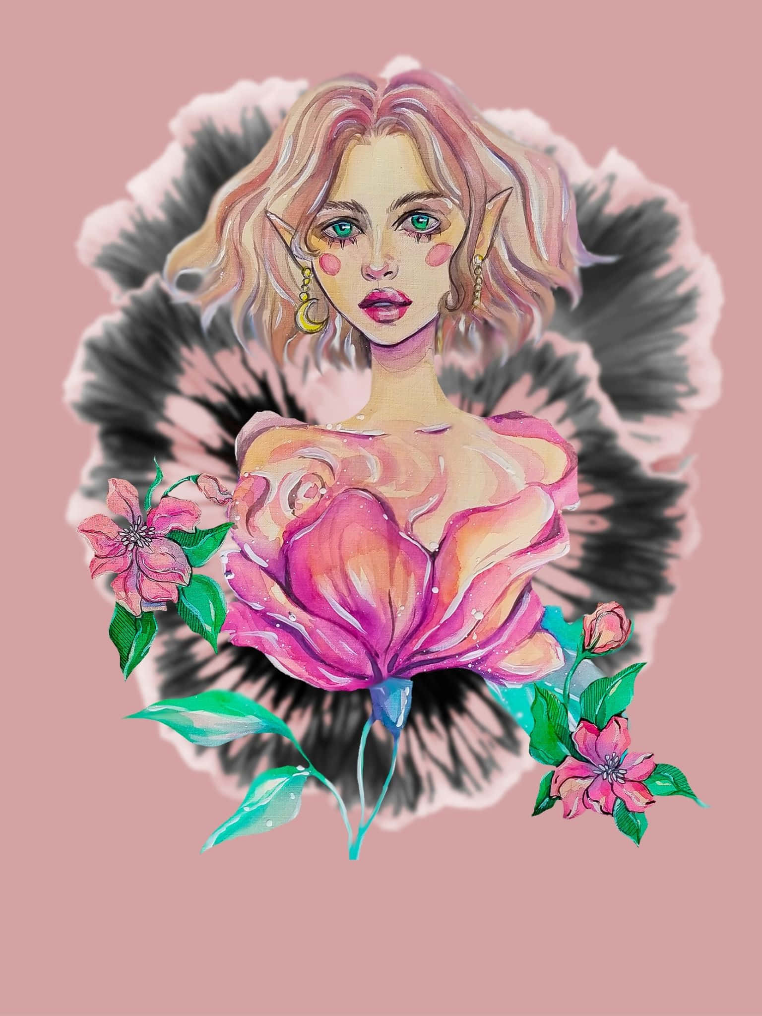 酷 桌布 壁紙 — 一幅水彩插圖，描繪一位粉紅髮綠眼的精靈，被一朵大型黑白花朵框住，周圍環繞著粉紅花朵，背景為柔和粉紅色。