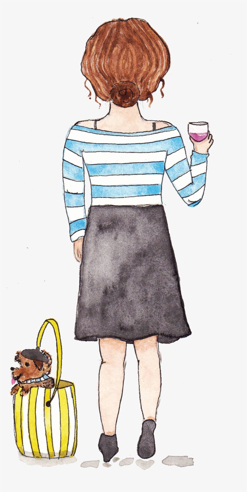 Drinking 桌布 壁紙 — 一幅水彩插圖，描繪一位身穿條紋襯衫和裙子的女人，拿著葡萄酒，帶著一隻放在條紋袋裡的狗走開。