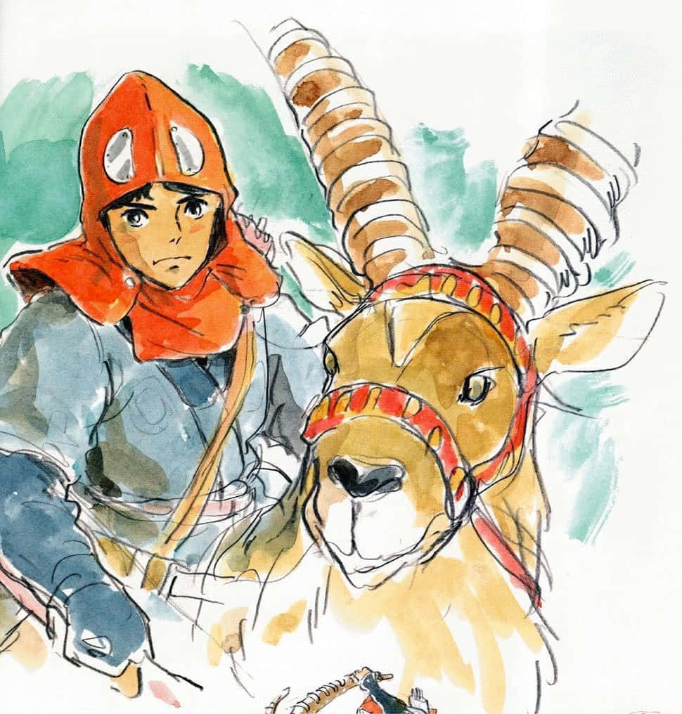Studio Ghibli Art 桌布 壁紙 — 一幅水彩插圖，描繪一位身穿橙色連帽衫的年輕冒險家，騎著一頭戴紅色韁繩的有角山羊，背景為綠色。