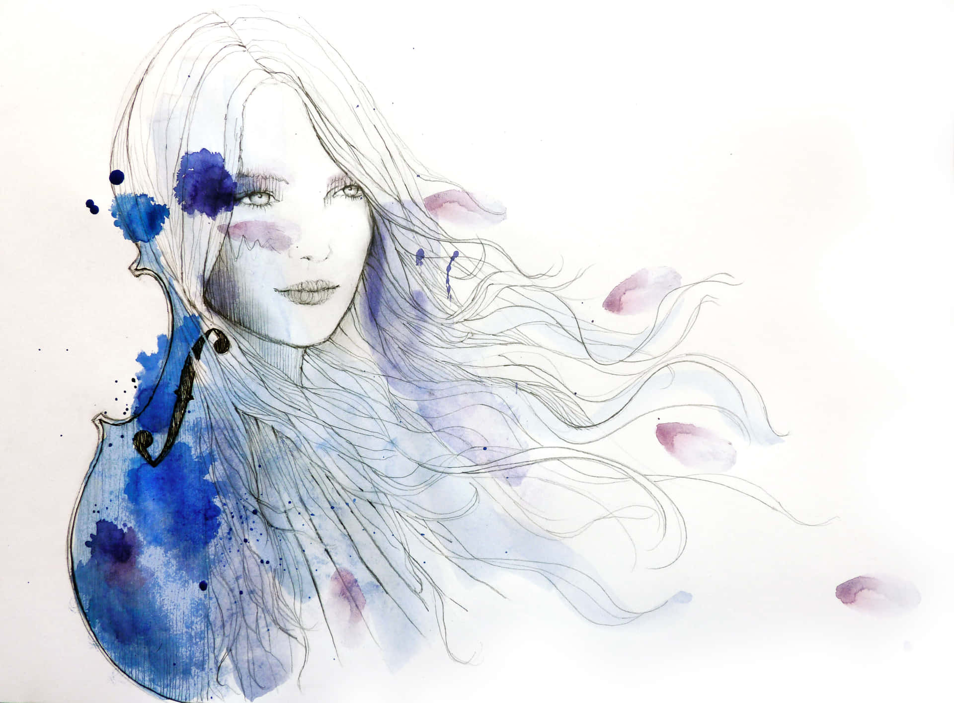 Watercolor 桌布 壁紙 — 一幅水彩插圖，描繪一位長髮飄逸的女性，藍紫色潑濺融入她的形態，背景為白色。