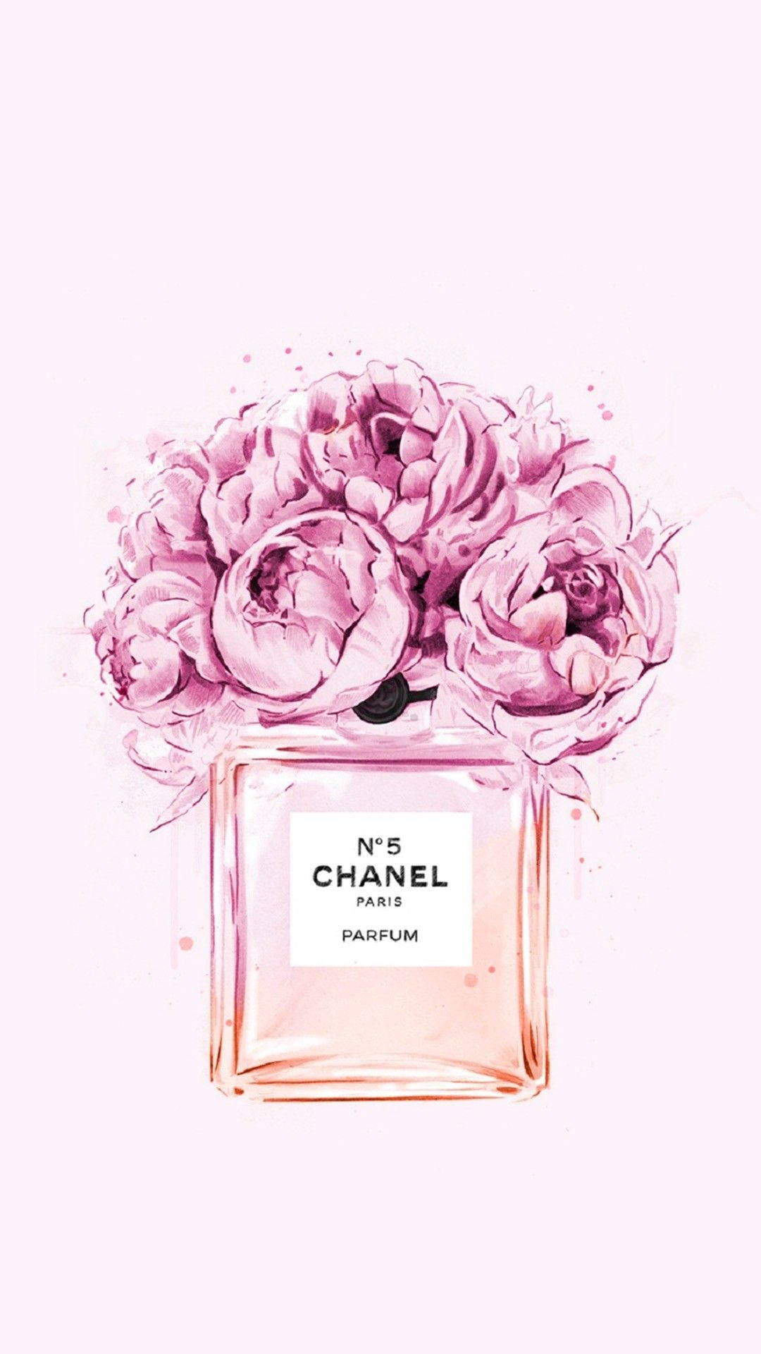 Chanel 桌布 壁紙 — 一幅水彩插圖，描繪一個Chanel No 5香水瓶，在柔和粉紅色背景上滿溢著粉紅色牡丹花。