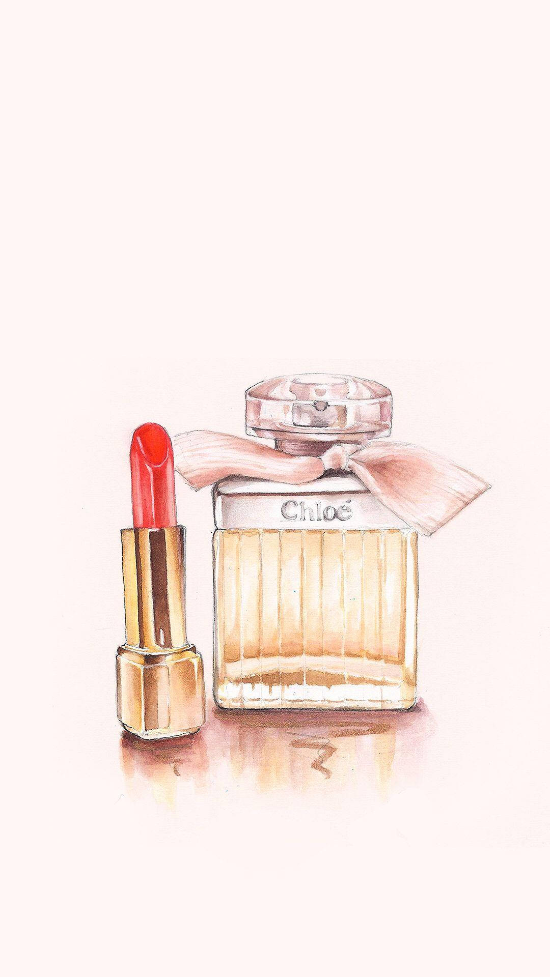 chloe 桌布 壁紙 — 一幅水彩插圖，描繪一個帶有粉紅色蝴蝶結的Chloe香水瓶，旁邊有一支紅色唇膏，背景是柔和的米色。