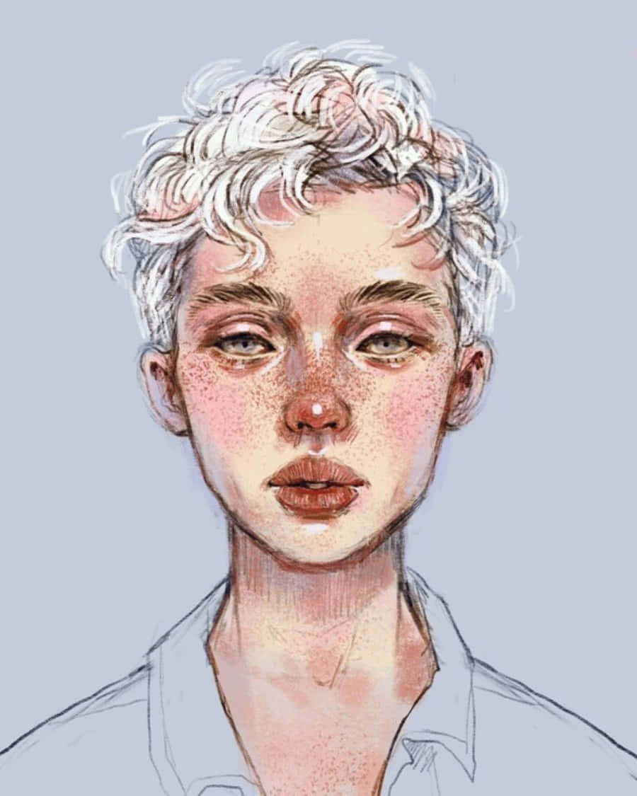 Aesthetic Drawings 桌布 壁紙 — 一幅水彩插圖，描繪一個有白色捲髮和雀斑的人，背景是柔和的灰色。
