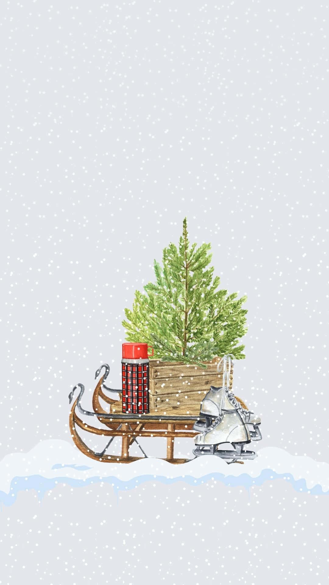 聖誕節手機 桌布 壁紙 — 一幅水彩插圖，描繪一個木製雪橇載著聖誕樹和溜冰鞋，放在雪地上，雪花飄落。