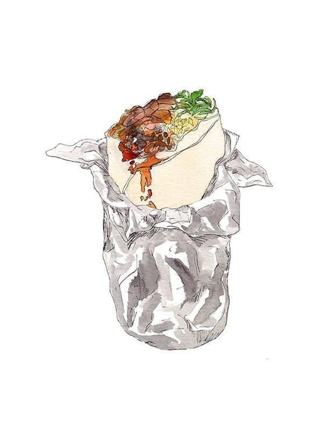墨西哥捲餅 桌布 壁紙 — 一幅水彩插圖，描繪一個用錫箔紙包裹、餡料豐富多彩的墨西哥捲餅，背景為白色。