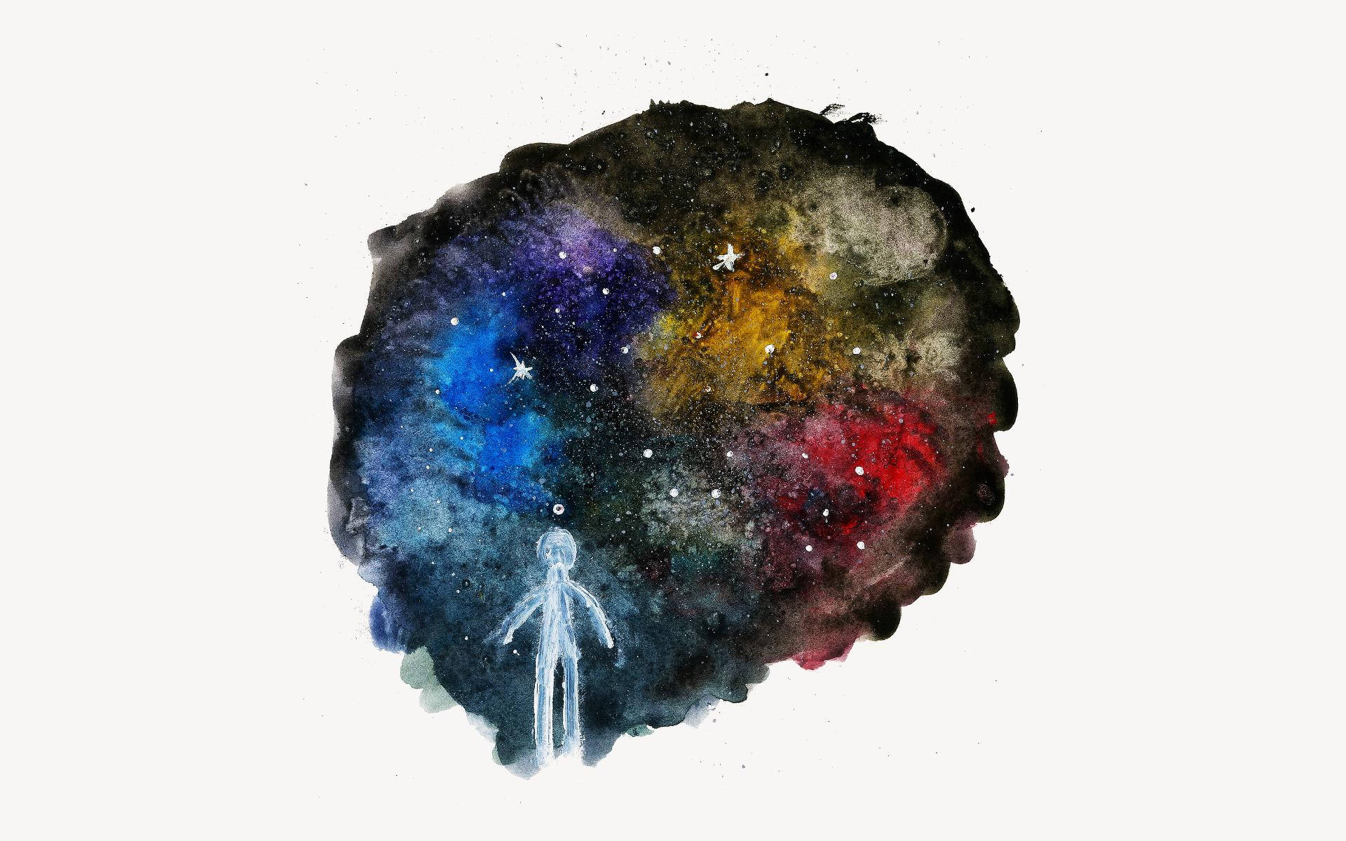 酷炫太空 桌布 壁紙 — 一幅水彩插圖，描繪一個發光的人類剪影仰望旋轉的宇宙星雲，點綴著星星。