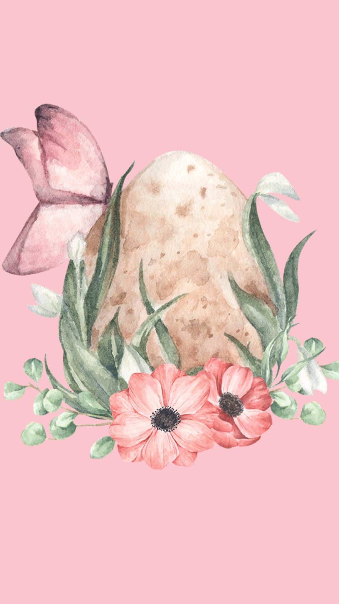 Watercolor Phone 桌布 壁紙 — 一幅水彩插圖，描繪一個石蛋藏在綠色植物中，伴有粉紅花朵和一隻蝴蝶，背景是柔和的粉紅色。