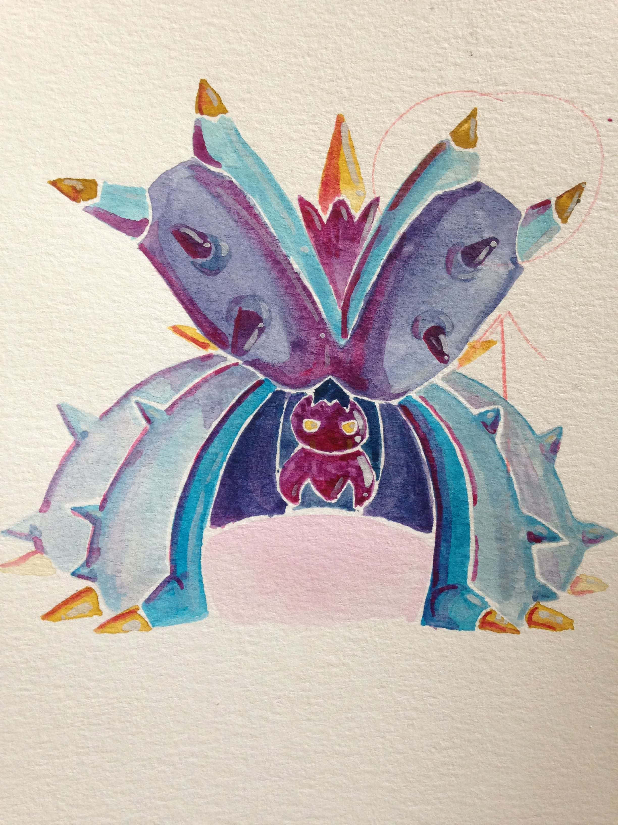 Watercolor 桌布 壁紙 — 一幅水彩插圖，描繪一個紫色和藍色的尖刺生物，中心有一個細小發光眼睛的人物。