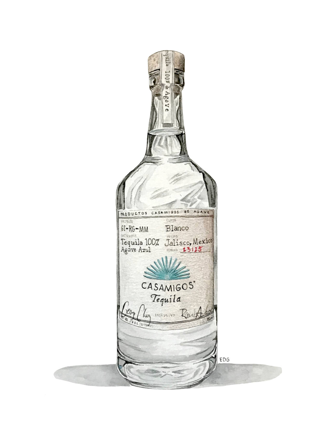 bottle 桌布 壁紙 — 一幅水彩插圖，描繪一個透明的Casamigos Blanco龍舌蘭酒瓶，帶有紋理標籤和白色背景上的柔和陰影。