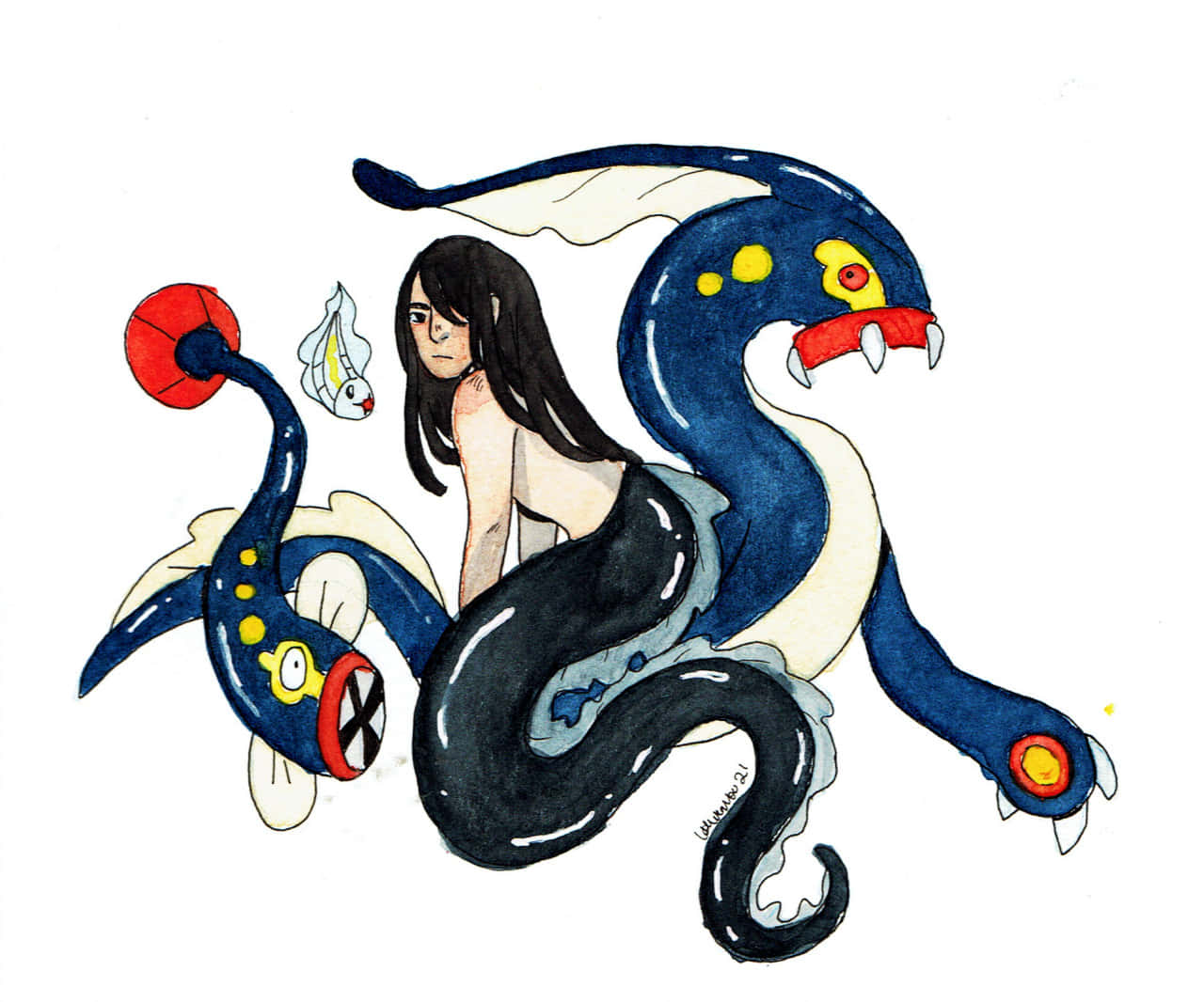 寶可夢 桌布 壁紙 — 一幅水彩插圖，描繪一個長著黑色長髮的女孩坐在一條巨大的藍色蛇形寶可夢上，該寶可夢有紅色嘴巴和黃色眼睛。