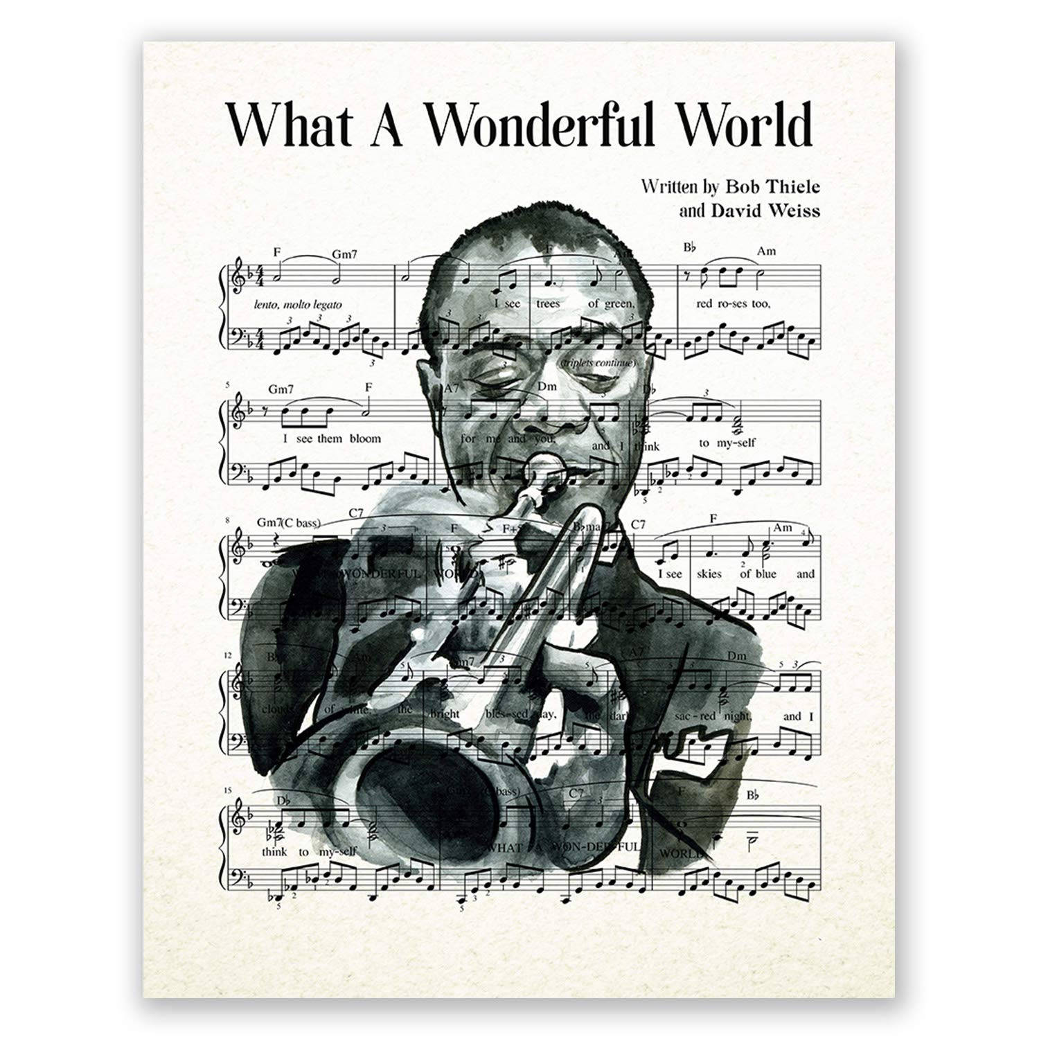 黑白 桌布 壁紙 — 一幅水彩插圖，描繪一名男子在《What A Wonderful World》的樂譜上吹奏小號，附有手寫歌詞和音樂符號。